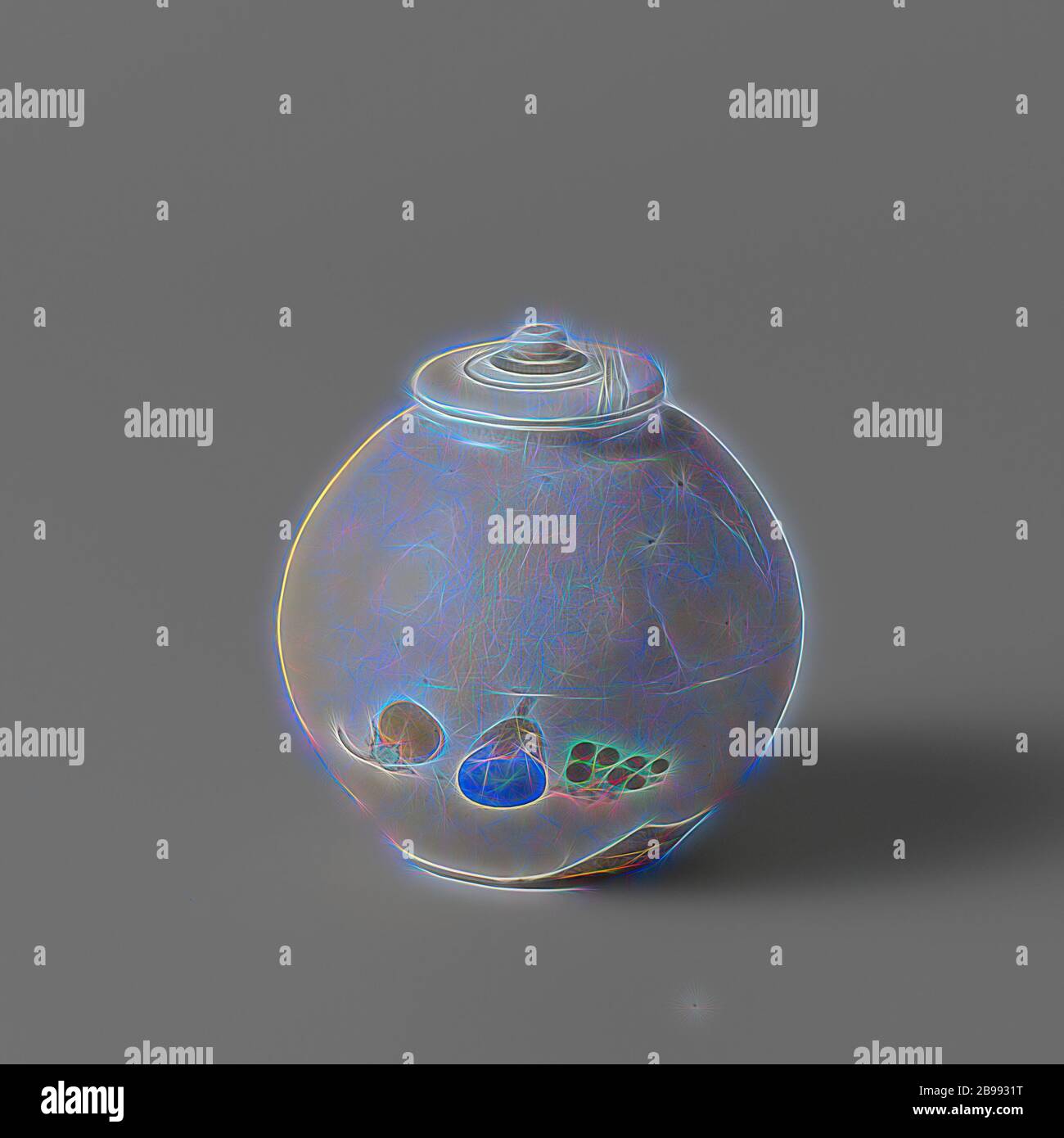 Teekoffern mit einer Eierpflanze und Früchten, einem staubigen Kanister oder Steinzeug mit einem kugelförmigen Körper und einem Elfenbeindeckel, mit einer cremefarbenen Glasur bedeckt und auf die Glasur in blau, rot, grün, lila, schwarz und Gold gemalt. Auberginen und Früchte auf dem Bauch (Kaki Feuer [?], Beeren). Altes Etikett auf der Innenseite mit 'Kyoyaki / 19. / Trad. Die Ninsei [?] '. Nasu-Typ., anonym, Japan, c. 1800 - c. 1899, Edo-Periode (1600-1868), Steinzeug, Glasur, Gold (Metall), deksel, Vitrifikation, H 7.2 cm H 6.4 cm T 3.5 cm T 7.3 cm T 3.5 cm H 1.2 cm × T 3.5 cm, neu gestaltet von Gibon, Design von warmen fröhlich glühenden Stockfoto