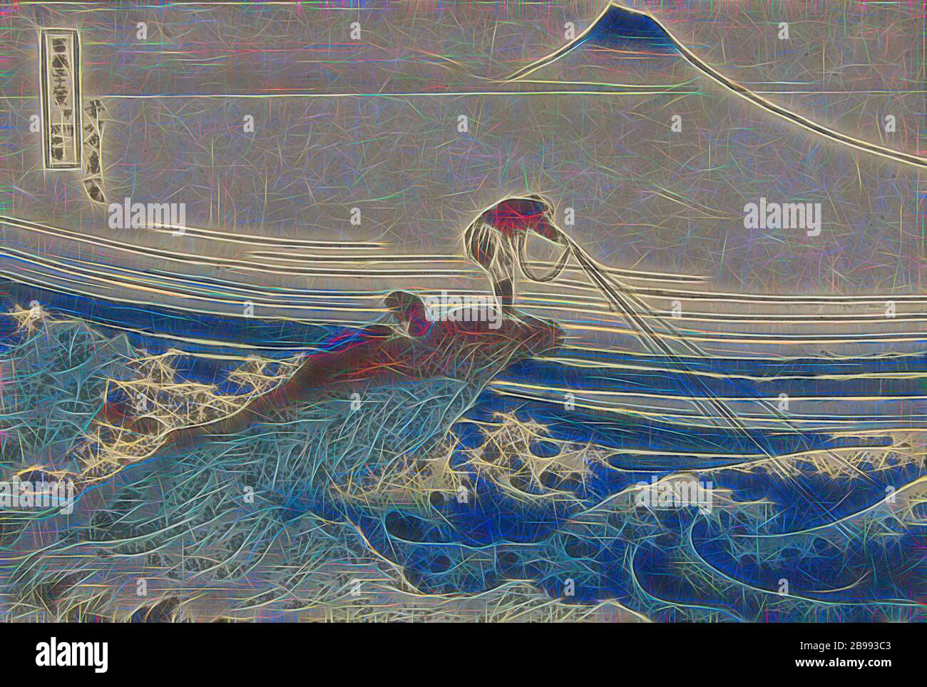 Kajikasawa in Kai Koshu Provinz Kajikasawa (Titel auf Objekt) 36 Ansichten des Fuji (Serientitel) Fuji sanjurokkei (Serientitel auf Objekt), EIN Fischer auf einem, über einem turbulenten Meer hängend auf Felsen, ein Junge sitzt neben ihm, Berg Fuji im Hintergrund steigt über Nebelbänke., Fuji, Der Berg, Katsushika Hokusai (auf Objekt erwähnt), 1829 - 1833, Papier, Farbholzschnitt, H 249 mm × B 368 mm, neu gestaltet von Gibon, Design von warmen fröhlichen Leuchten der Helligkeit und Lichtstrahlen Ausstrahlung. Klassische Kunst neu erfunden mit einem modernen Twist. Fotografie inspiriert von Futurismus, umarmt dynamische Energie o Stockfoto