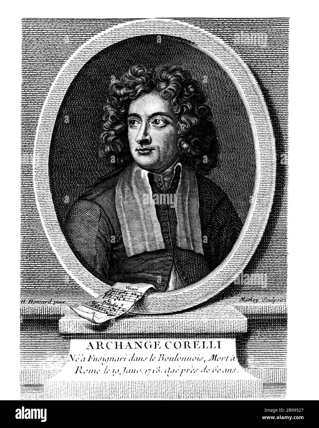 1710 c, ITALIEN: Der italienische Musikkomponist ARCANGELO CORELLI (* 1653; † 1713). Porträt von H. Howard, eingraviert von Mathey, im Jahre 1720. - MUSICA CLASSICA BAROCCA - BAROCCO - BAROCCO - BAROCCO - BAROCO - KLASSIK - COMPOSITORE - Porträt - Ritratto - MUSICA - Gravur - Incisione - Illustration - Illustrazione --- Archivio GBB Stockfoto