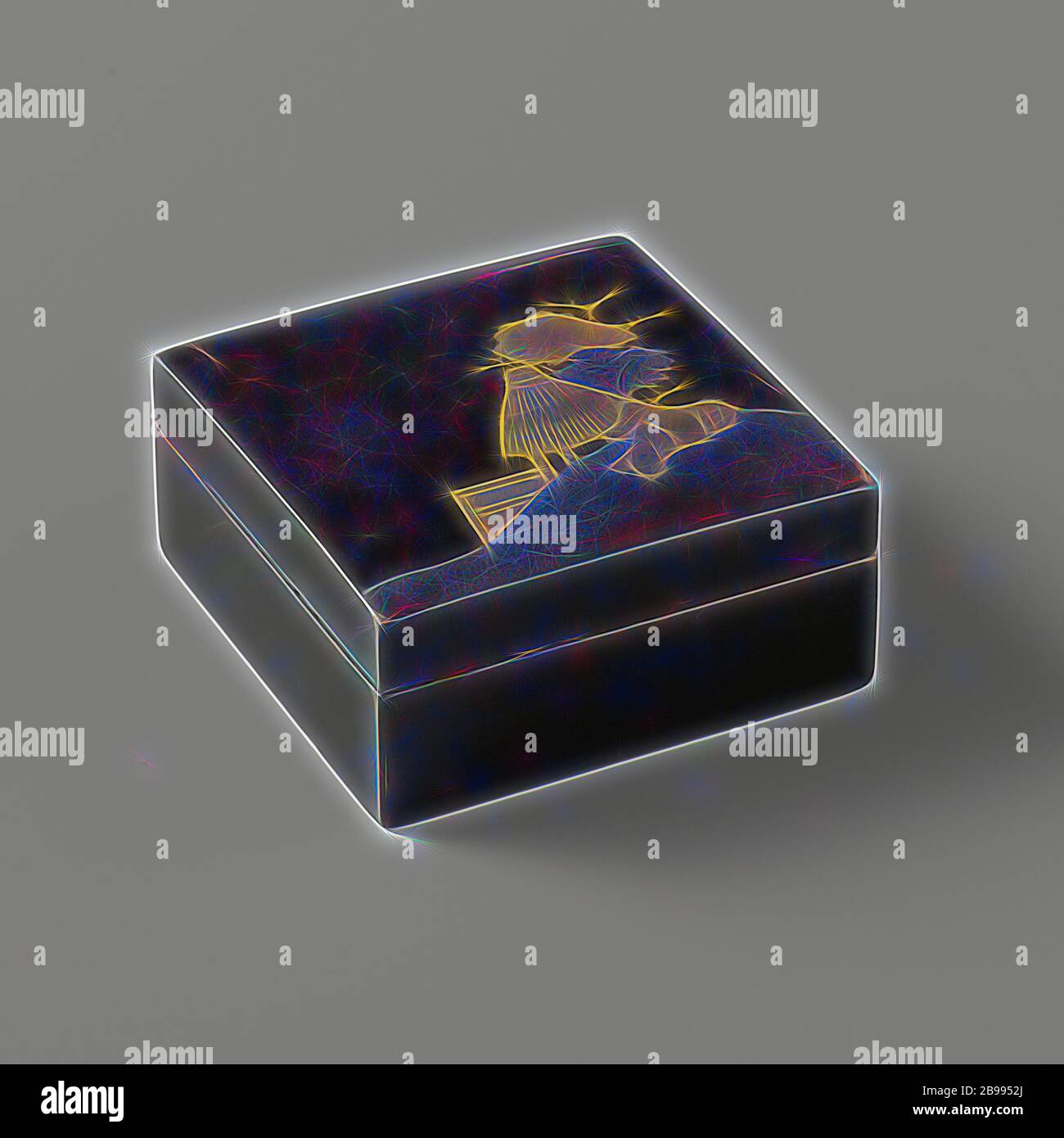 Quadratische Box mit einer Landschaft in Gold auf schwarzem Hintergrund, quadratische Box mit einem leicht konvexen Deckel. Außen skizzenhafte Wasserlandschaften in Makie auf schwarzem Hintergrund. Innen nashiji, Jean Theodore Royer, anonymous, Japan, 1750 - 1800, geheel, Lackierung, H 4 cm × B 7.8 cm × T 7.8 cm, neu gestaltet von Gibon, Design von warmen fröhlich glühenden Helligkeit und Lichtstrahlen Ausstrahlung. Klassische Kunst neu erfunden mit einem modernen Twist. Fotografie inspiriert von Futurismus, umarmt dynamische Energie der modernen Technologie, Bewegung, Geschwindigkeit und Kultur revolutionieren. Stockfoto