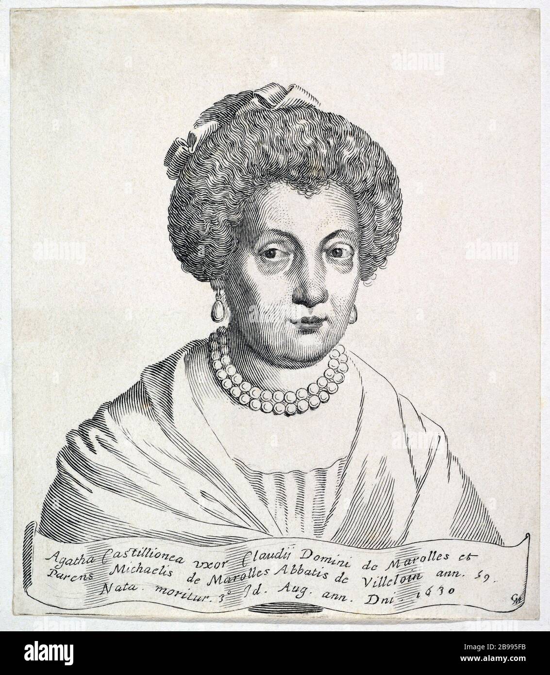 1630 Ca, FRANKREICH: Französische Adelige AGATHE DE CHATILLON de MAROLLES (* 1571 in Paris; † 1630). Graviertes Porträt von Claude mellan (* 1598 in Paris; † 1688), 1755. Das 1594 mit Claude DE MAROLLES (* 1564; † 1633) verheiratete Paar hatte zwei Söhne: Den gefeierten Abbé Michel de Marolles (* 1600; † 1681) und Louis de Marolles (* 1601; † 1651). - ADEL - NOBILI francesi - Nobiltà francese - FRANCIA - illuzazione - Illustration - Gravur - Incisione - Perlen Halskette - Collana di perle - Ohrtropfen - orecchini - perla -- ARCHIVIO GBB Stockfoto