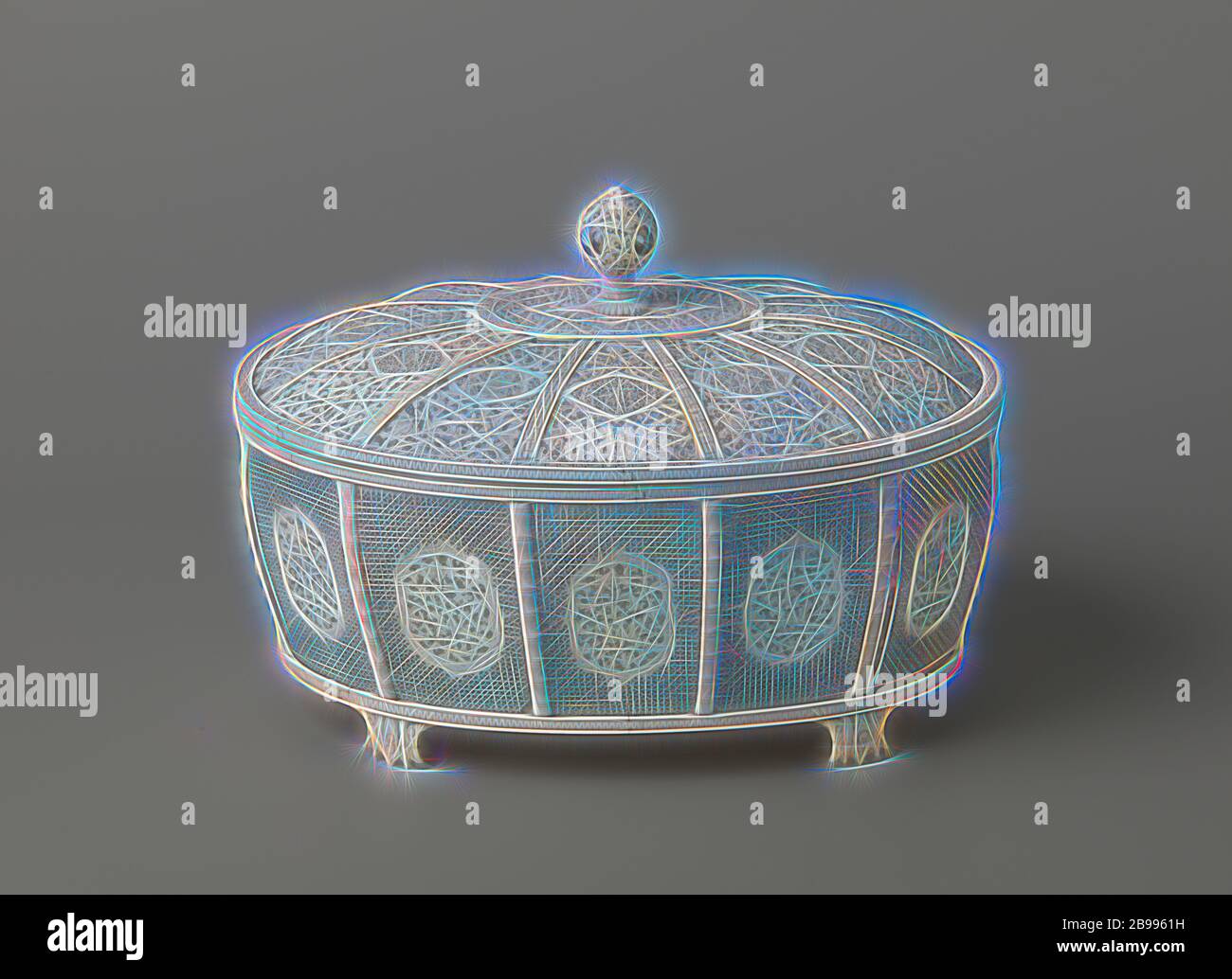 Korb mit Deckel Elfenbein Ovaler Korb mit Deckel, Oval Warenkorb auf vier Füßen modelliert und mit einer Flach gewölbten Deckel mit Deckel Knopf in Form von einem gestreiften Ball mit zwei inneren Kugeln. Der Deckel besteht aus einem zentralen Oval von zwölf offenen umgeben - Felder mit Lotus ranken, in denen scalloped Felder mit blume Herz und feine Ranken, zwischen Radialrippen mit Hakenkreuz Motiv gespannt. In der Wand auch zwölf durchbrochene Felder mit Durchbrochenem geometrischen Motiven auf dem scalloped Felder mit Lotus Reben. Zahn und Bambus Motiv auf der Rippen., anonym, Kanton, 1775-1800, Elfenbein, Schneiden, H 20 cm x L 27 cm Stockfoto