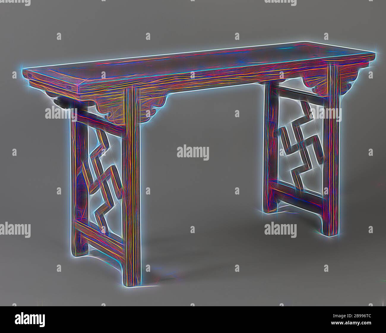 Tabelle, Huang - huali Holztisch, Ping-t'ou - eine der 'Ein'. Oben in der Tabelle durch ein einziges Teil in Messing und Groove in einem rechteckigen Langlöcher am Rahmen montierten gebildet wird, die die läuft nach unten zur Unterseite. Die Klinge liegt auf einer kreisförmigen Giebel und ist mit stilisierten Schlüsselinformationen auf beiden Seiten im Wok-Form (yuntoe), wenn sie an die Beine angeschlossen sind. Fronton und yuntou sind mit einem erhöhten Rand an der Außenseite. Die Tabelle steht auf vier Beinen abgeflacht, die mit cannelures an der Vorderseite ausgestattet sind. Die Verbindung zwischen den Beinen auf der Vorderseite wird von zwei Zeilen zw. gebildet Stockfoto