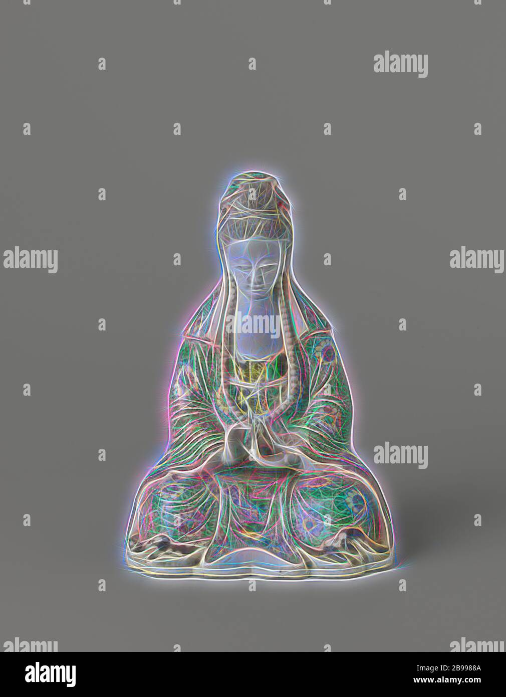 Figur eines sitzenden Guanyin, Skulptur aus Porzellan auf einem Sockel, gemalt auf Keksen in grün, gelb, Auberginen und schwarz. Sitzendes Bild von Guanyin, ihre Robe ist mit Blumen geschmückt und wirbelt mit einem Drachen auf der Vorderseite zwischen Lotusblumen auf einem gesprenkelten, grünen Boden. Rückseite mit Loch und zwei Kartuschen mit blühender Pflanze oder Blütenrebe, sonst ungeziert. Einige Finger sind abgebrochen. Email sur Biscuit mit famille verte Farben, Guan Yin, anonym, China, c. 1800 - c. 1899, Qing-Dynastie (1644-1912), Porzellan (Material), Glasur, Vitrifikation, H 19 cm l 13.3 cm × B 9.2 cm, Reimagine Stockfoto