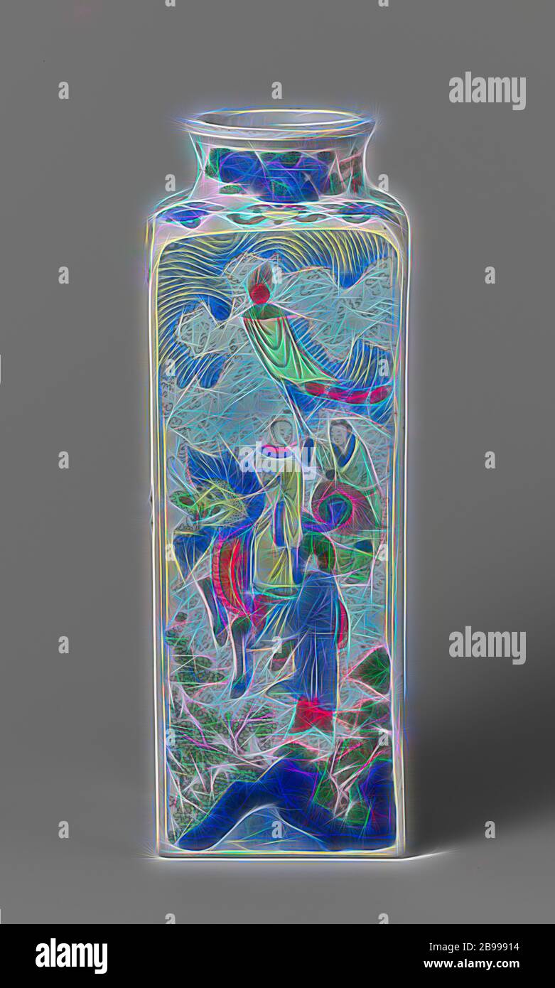 Square Vase mit Unsterblichen und eine Göttin, quadratischen Vase aus Porzellan mit abgerundeten Schultern, Breite, Verbreitung Hals und Flachbild Grenze, in unterglasur Blau und auf der Emaille Rot, Grün, Gelb und Schwarz. An den Wänden rechteckige Kartuschen mit vier verschiedenen Darstellungen: Die erste Wand zeigt eine unsterbliche auf einem Kran mit einer Gruppe von Personen in der Nähe auf ihn zeigend, die zweite zeigt eine Göttin und ihr Diener im Traum eine Kartusche, die mit einem Gelehrten erscheint, die dritte zeigt fünf Weisen in einer Landschaft, die ein Scrollen Rolle mit einem Yin Yang Symbol, Letztere zeigt eine unsterbliche auf einem qilin, begleitet Stockfoto