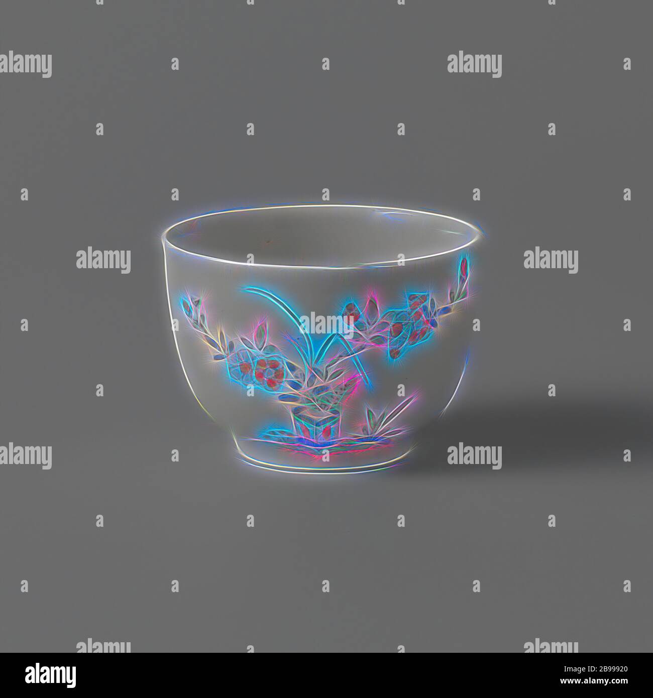 Tasse mit Blumenzweigen, Runde Porzellanbecher auf der Glasur in blau, rot, grün, schwarz und Gold gemalt, mit blühenden Zweigen in zwei quadratischen Pflanzgefäßen. Kakiemon Stil., Anonym, Japan, c. 1670 - c. 1700, Edo-Periode (1600-1868), Porzellan (Material), Glasur, Vitrifikation, H 4.7 cm H 4.1 cm T 6.1 cm T 3.3 cm H 2.1 cm T 11.1 cm T 6.3 cm, neu gestaltet von Gibon, Design von warmen fröhlich glühen der Helligkeit und Lichtstrahlen Ausstrahlung. Klassische Kunst neu erfunden mit einem modernen Twist. Fotografie inspiriert von Futurismus, umarmt dynamische Energie der modernen Technologie, Bewegung, Geschwindigkeit und Kultur revolutionieren. Stockfoto