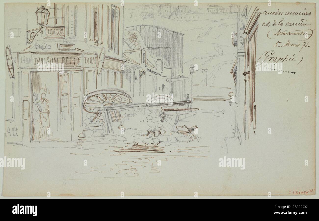 Streets Accacias and Career in Montmartre, 5. März 1871 Gustave Doré (1832-1883). "Rues des Accacias et de la Carrière à Montmartre". Paris (XVIIIème arr.), 5 mars 1871. Pflaume, Encre et Crayon. Paris, musée Carnavalet. Stockfoto