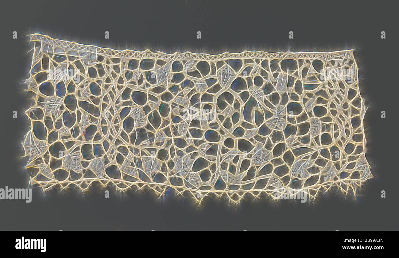 Streifen von gemischten Spitze mit Blumen zwischen vertikal geschleudert, Bänder, Streifen von natürlichen Farben gemischt Spitze: Venezianische band schnüren. Muster der vertikal Wicklung Bänder mit Ausläufern mit Blumen und Blätter. Unregelmäßige, offenes Gelände mit Nadel Bars gesäumt. Die Konturen der Blüten und Blätter werden von der Wicklung, gewebte Bänder gebildet. Verschiedene Zierpflanzen aus Gründen der Nadelspitze in die Konturen. Die Oberseite ist mit einem klöppelspitze Kante getrimmt. Der Boden ist mit einem geraden Picot Grenze mit Kurven beendet., anonym, Italien, C. 1700 - C. 1799, Leinen (Material), Venezianische band Spitze (gemischte Lace), l 17,5 cm × w Stockfoto