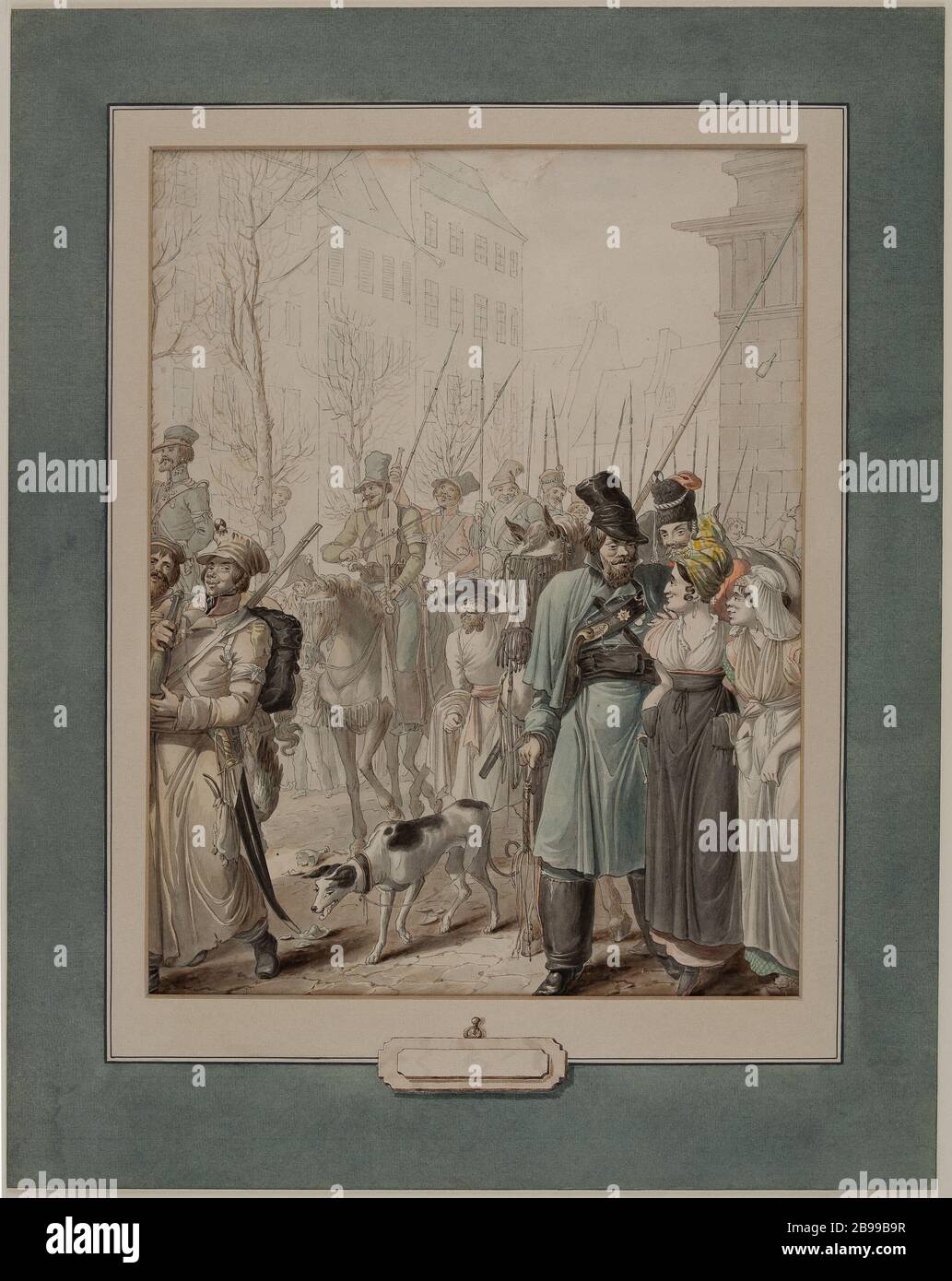 Russische Besetzung in Paris; Parade betrunkener Soldaten auf einem Boulevard Georg Emanuel Opitz dit Opiz (1775-1841). "Okkupation Russe à Paris. Défilé de soldats enivrés sur un Boulevard". Aquarelle sur trait de plume. Paris, musée Carnavalet. Stockfoto