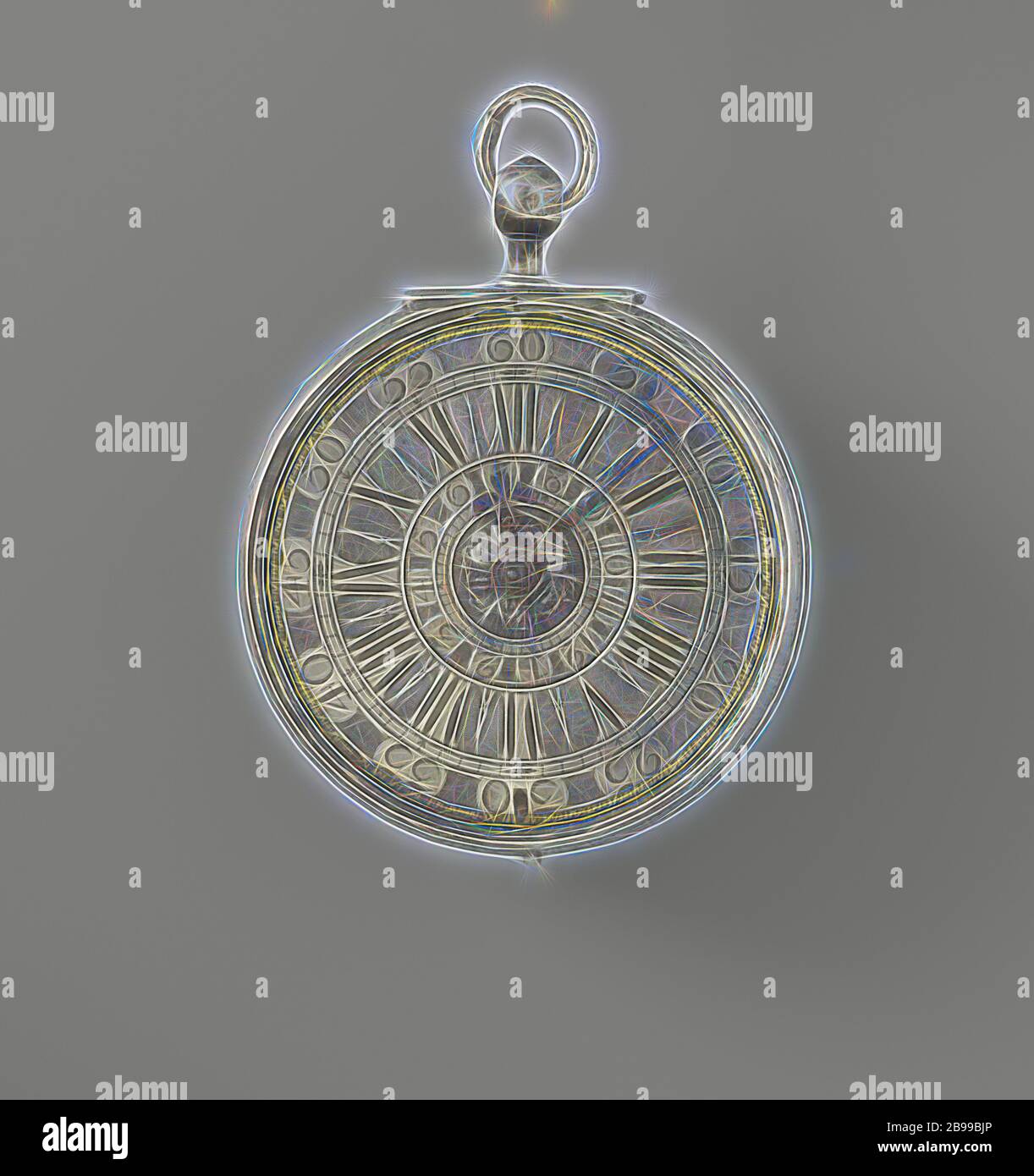 Taschenuhr, Uhr mit Wecker, Silber Pivot Uhr mit Wecker. Der schalenförmige Rücken hat einen Ajour-gearbeiteten Rand mit Ast-Ornamenten, zwischen denen zwei Medaillons mit Landschaften, die kreisförmige Bodenfläche hat fein gehämmerte Ranken Ornament. Das silberne Zifferblatt mit eingelegten schwarzen römischen Stunden- und arabischen Minutenziffern ist granuliert und verfügt über einen drehbaren Wecker mit Wecker-Zeiger. Das Platin mit Lücke ist signiert: B. van der Cloese, Hagae., Barent van der Cloesen, c. 1690 - c. 1710 und/oder c. 1680 - c. 1710, Silber (Metall), Granulation, d 5.1 cm, neu gestaltet von Gibon, Kriegsentwurf Stockfoto