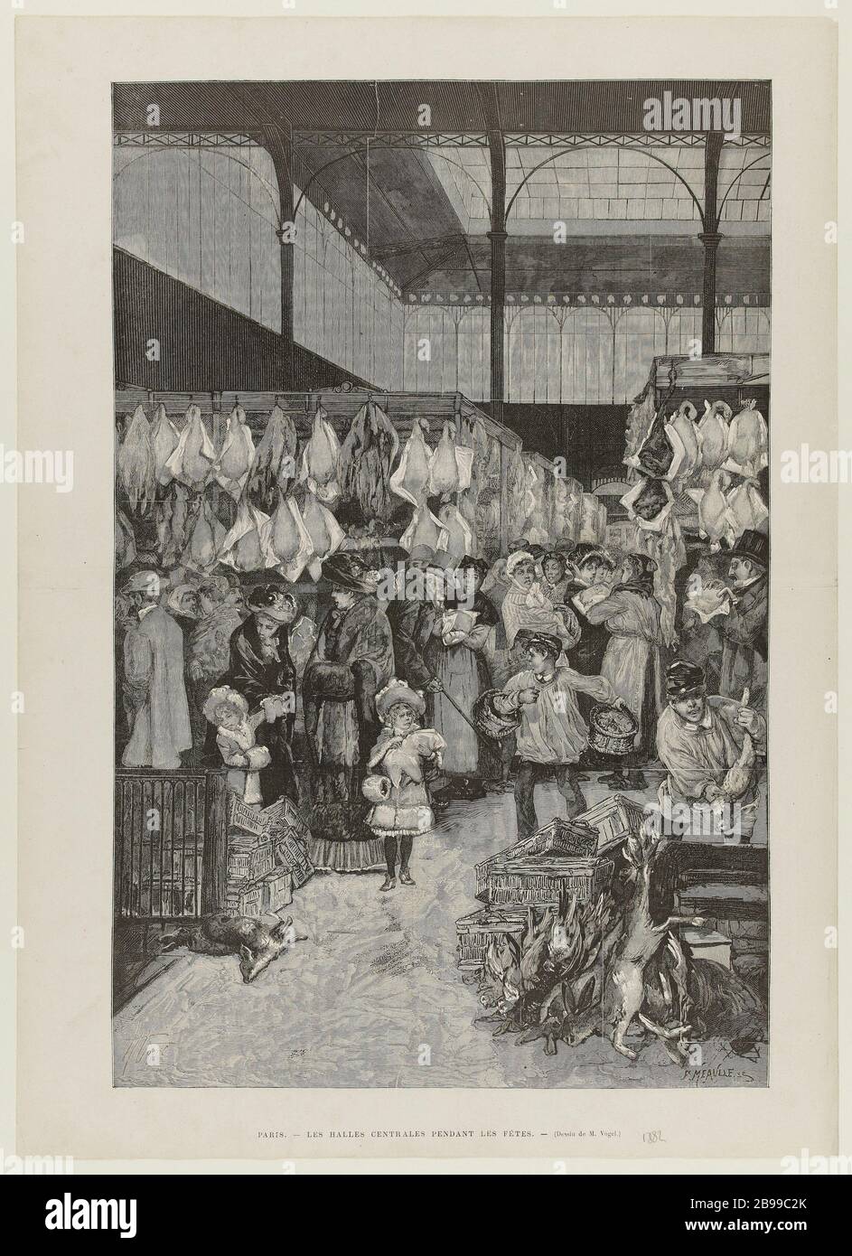 PARIS - DIE WELT ZEIGTE DIE HALLEN IN DEN FERIEN 1882 (INNEN) FORTUNÉ LOUIS MÉAULLE (1844-1901) ZENTRAL. "Paris - Le Monde Illustré, les Halles centrales Pendant les fêtes 1882 (intérieur)". Bois gravé. Paris, musée Carnavalet. Stockfoto