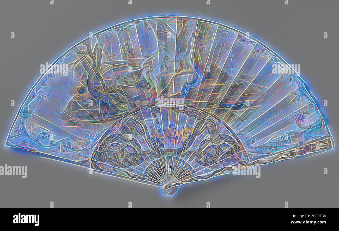 Folding Fan mit Blatt, auf dem Aquarell von Vertumnus und Pomona, auf einem geschnitzten und silber-gold und vergoldeten Rahmen aus Perlmutt, auf einem geschnitzten und Blatt silber und gold rahmen mit Perlmutt. 22 zusammenhängenden Beine, ausgeschnitten und Ajour gearbeitet. Das Pergament Blatt ist mit Aquarellfarben gemalt. In seinem 'Metamorphoses' (XIV: 623-771) Ovid erzählt die unzähligen Formen, die die Gott Vertumnus hatte zu nehmen, bevor er über die Nymphe Pomona gewinnen konnte. Erst nach hatte er ein Plädoyer für die Liebe in der Form von einer alten Frau gemacht und dann die Form eines jungen Mann tat Pomona geworden sein. Die Vorderseite des Lüfters Stockfoto