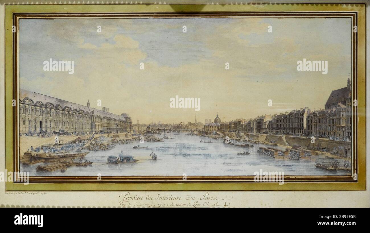 ERSTE INNENANSICHT VON PARIS - NEUE BRÜCKE VU DU PONT ROYAL LOUIS-NICOLAS DE LESPINASSE (1734-1808). "Première vue intérieure de Paris - le Pont Neuf vu du Pont Royal". Dessin. Paris, musée Carnavalet. Stockfoto