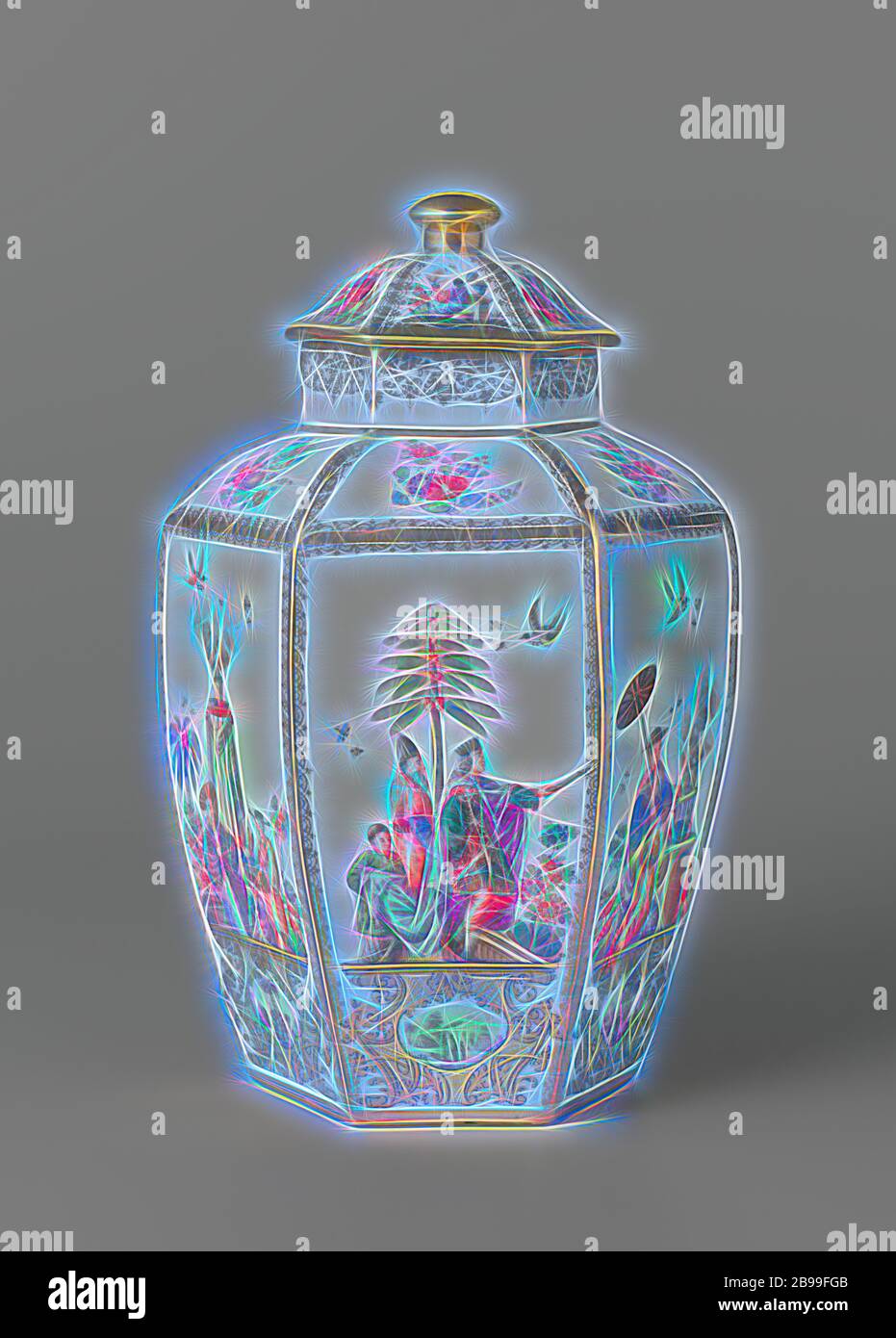 Drei Vasen Vase mit Deckel, mehrfarbig mit chinoiseries Drei Vasen, Sechskant- Vase mit Deckel, bemalt Porzellan gemalt. Der Hals ist mit symmetrischen Blatt Reben in Gold, die Rippen mit einer Verkleidung mit einer Schnur - wie Ornament. Auf den Schultern der indischen Blumen. Auf den sechs Seiten große Höroldt chinoiseries sind unter anderem gemalt. ein König mit einem Jungen, der seine Spur hält und ein Diener. Die chinoiseries sind auf Konsolen von Blatt und Netzwerk in Gold, in dem vier-pass Räume werden gespeichert, in der eine Landschaft. Die Vase ist markiert, Schmuck, Kunst, Chinesisch (andere kulturelle Aspekte), Meißen Stockfoto