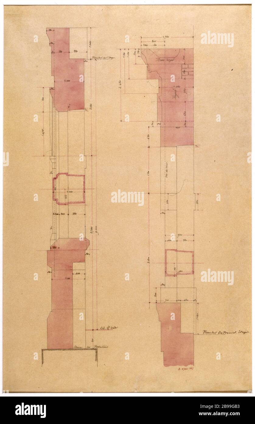 Erster Grundriss Louis Bicheron (né en 1855). "Plan du Premier étage". Plume lavis de couleur sur calque, 1855. Paris, musée Carnavalet. Stockfoto
