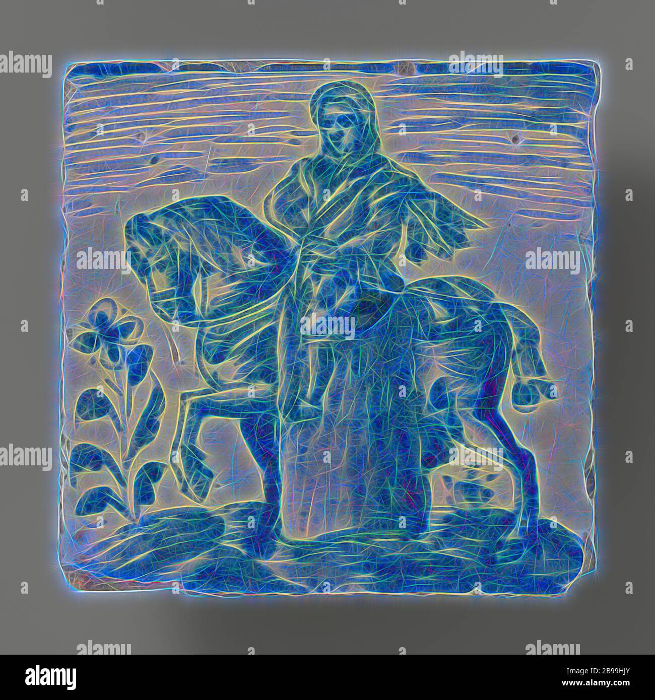 Fliesen mit Reiter, Fliesen mit einem blau bemalten Reiter auf einem Boden., anonym, Niederlande, c. 1580 - c. 1625, Steingut, Zinn-Glasur, H 13.5 cm × B 13.5 cm × t 1.5 cm, neu gestaltet von Gibon, Design von warmen fröhlich glühen von Helligkeit und Lichtstrahlen Ausstrahlung. Klassische Kunst neu erfunden mit einem modernen Twist. Fotografie inspiriert von Futurismus, umarmt dynamische Energie der modernen Technologie, Bewegung, Geschwindigkeit und Kultur revolutionieren. Stockfoto