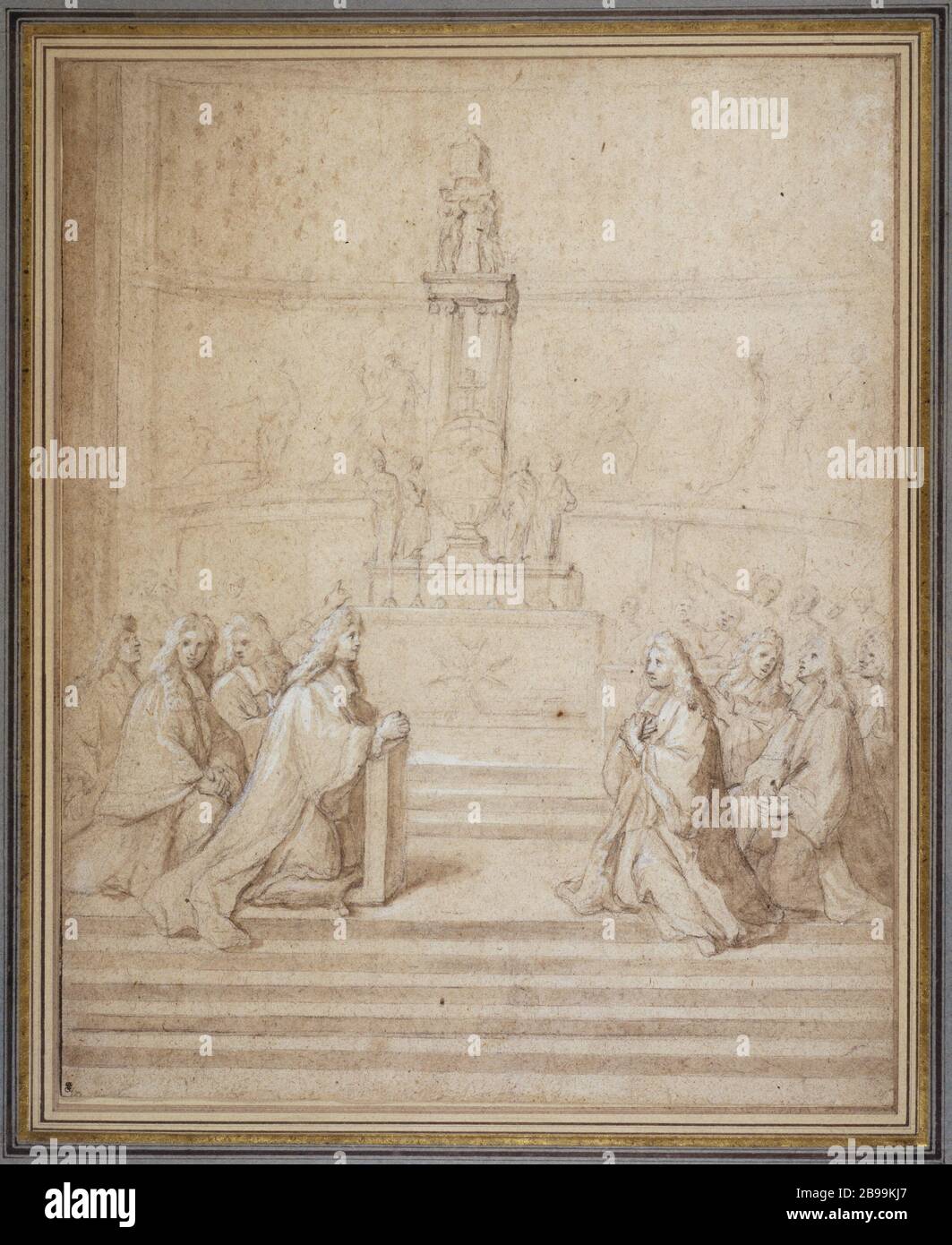 Der Propst und die Ratsmänner der Stadt Paris am Fuße des Schreins von St. Genevieve François de Troy (1645-1730). Le prévôt des marchands et les échevins de la Ville de Paris au pied de la châsse de Sainte Geneviève. Paris. Crayon noir, lavis brun, rehaut de gouache blanche. Paris, musée Carnavalet. Stockfoto