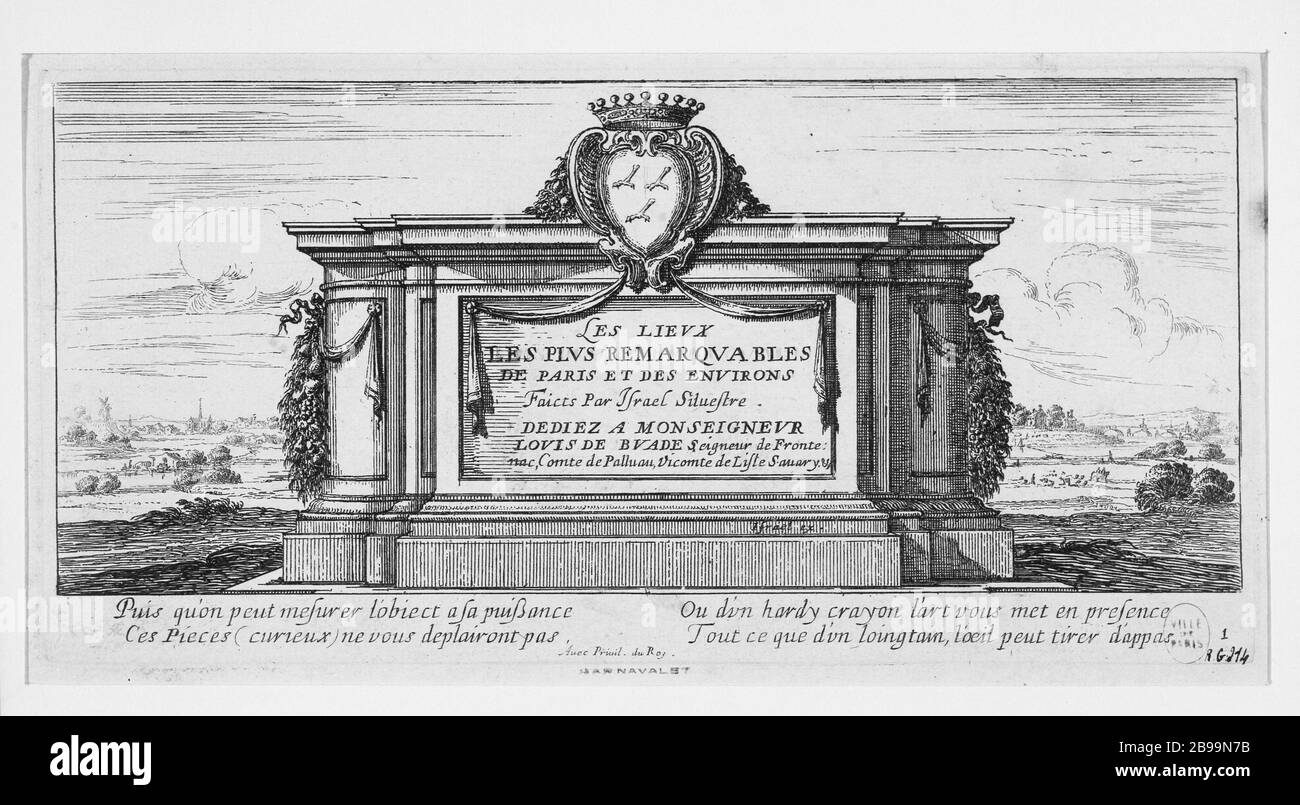 ORTE, DIE IN PARIS UND UM ISRAËL SILVESTRE AM BEMERKENSWERTESTEN SIND. "Les lieux les plus remarquables de Paris et des environs". Eau-forte, 1650-1655. Paris, musée Carnavalet. Stockfoto