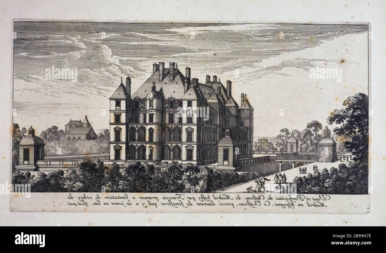 BLICK UND PERSPEKTIVE AUF DAS VON FRANCOIS 1ER ERBAUTE SCHLOSS VON MADRID, DAS DIE NACHAHMUNG DES SPANISCHEN MADRID DARSTELLT. DIESES SCHLOSS, Perce ALLE FENSTER GIBT ES TAGE IM JAHR Jean Marot d'après Israël Silvestre. "Vue et perspective du château de Madrid bâti par François Ier à l'Imitation de celui de Madrid en Espagne. CE Château, percé d'autant de fenêtres qu'il y a de jours en l'an." Eau-forte, 1651. Paris, musée Carnavalet. Stockfoto