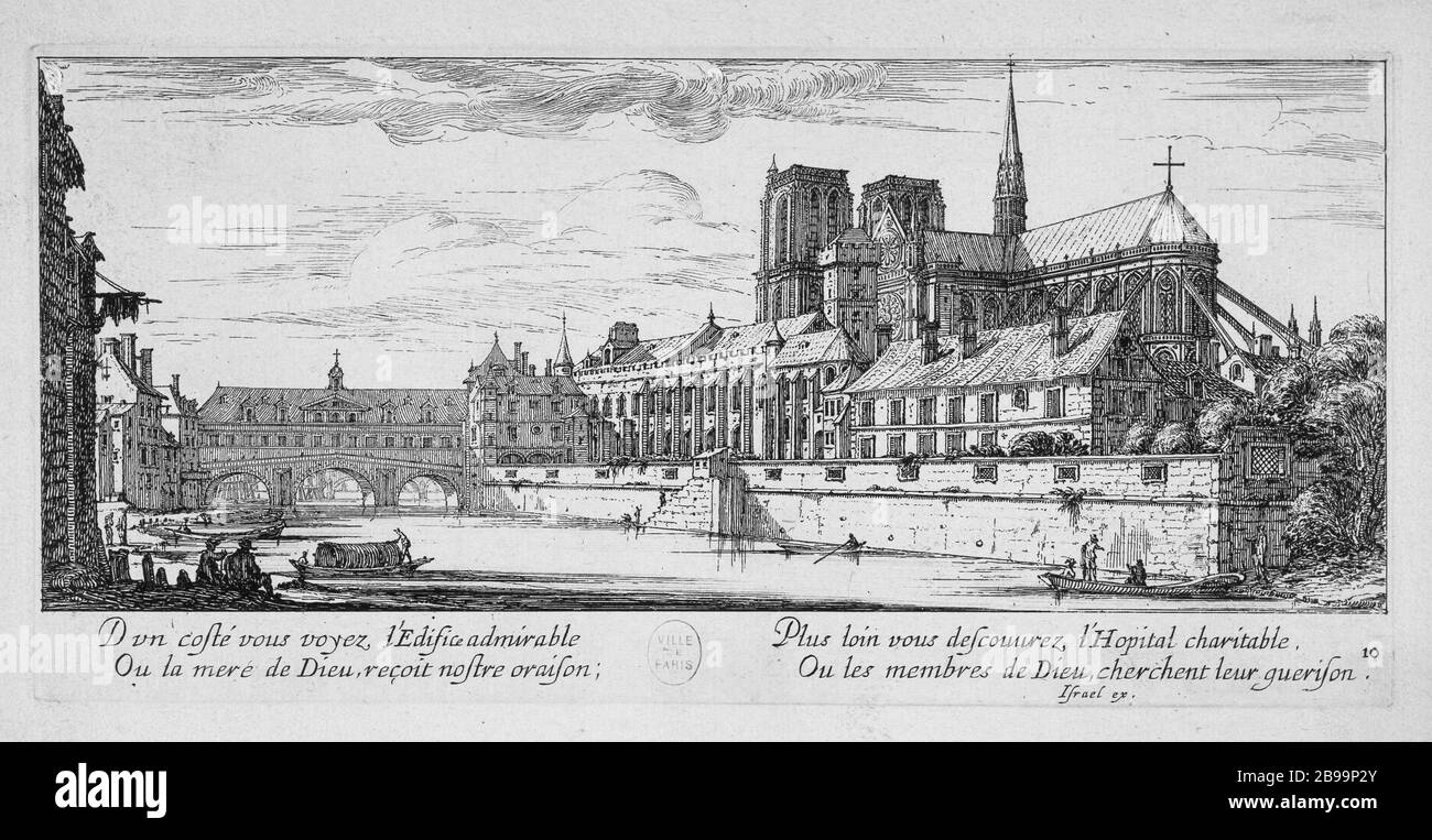 BLICK AUF DAS BRÜCKENHOTEL DIEU Israël Silvestre (1621-1691) und Israël Henriet (1590-1661). "Vue du pont de l'Hôtel-Dieu". Eau-forte, 1650-1655. Paris, musée Carnavalet. Stockfoto