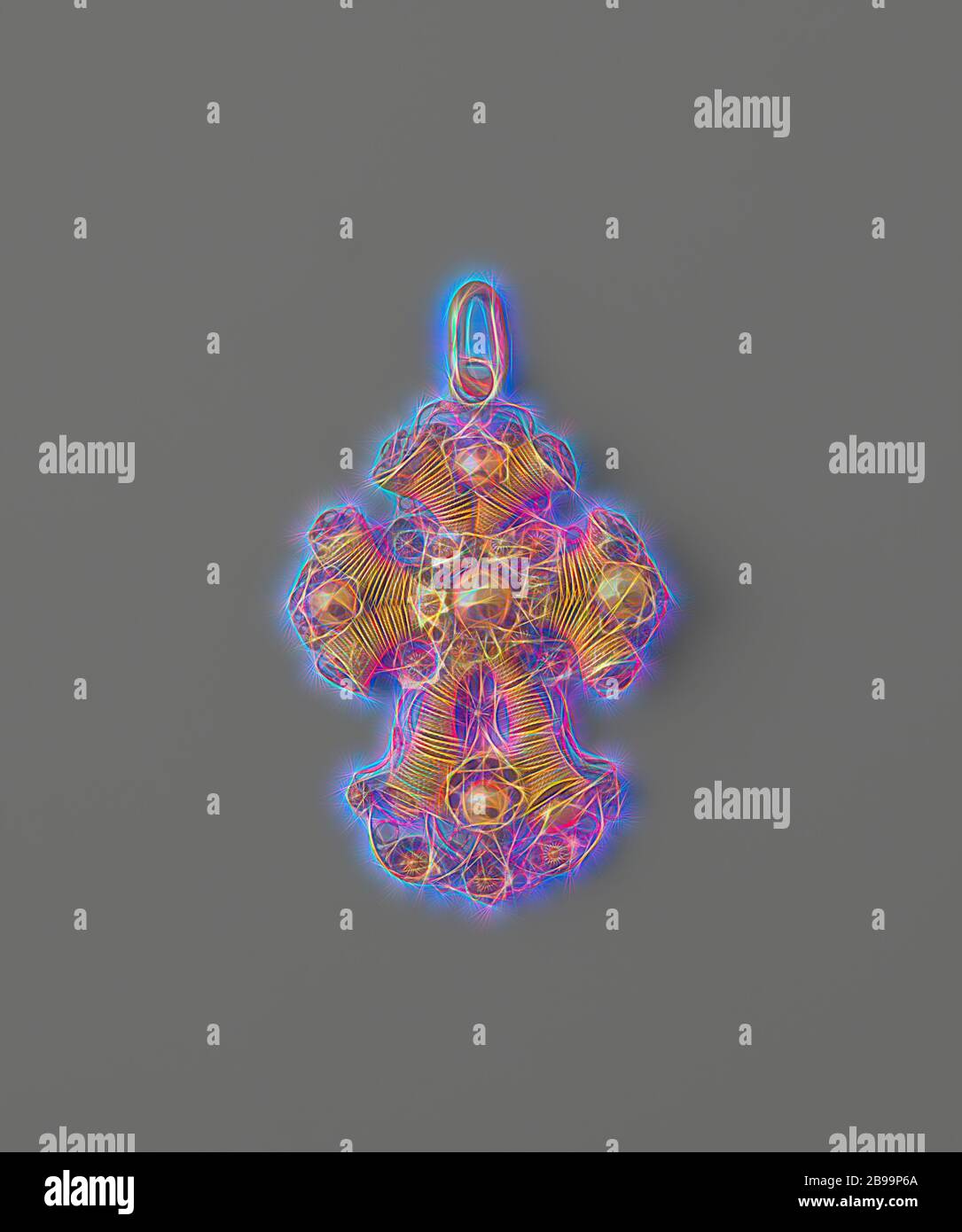 Anhänger in Form eines Kreuzes, das aus Hörnern besteht, die in einer Rosette enden, Anhänger in Gold in Form eines Kreuzes. Die Balken des Kreuzes sind jeweils von zwei Hörnern aus Goldfaden gebildet. Der Mund dieser Hörner wird von einer Rosette verschlossen. Eine große Rosette im Herzen des Kreuzes. Markiert: Eichenblatt., Niederlande, 1840 - 1850, Gold (Metall), filigran, H 3.7 cm × B 2.6 cm × T 0.6 cm, neu gestaltet von Gibon, Design von warmen fröhlichen Leuchten von Helligkeit und Lichtstrahlen Ausstrahlung. Klassische Kunst neu erfunden mit einem modernen Twist. Fotografie inspiriert von Futurismus, umarmt dynamische Energie der modernen Technologie, Bewegung, Stockfoto