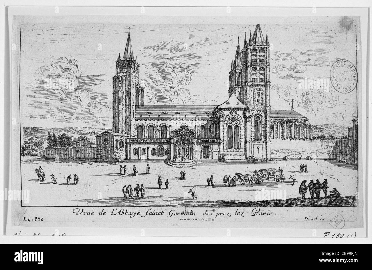 BLICK AUF DIE KATHEDRALE SAINT-Germain-des-PRES IN PARIS Israël Silvestre et Israël Heniet. "Vue de l'abbaye Saint-Germain-des-Prés à Paris". Eau-forte, 1650-1660. Paris, musée Carnavalet. Stockfoto