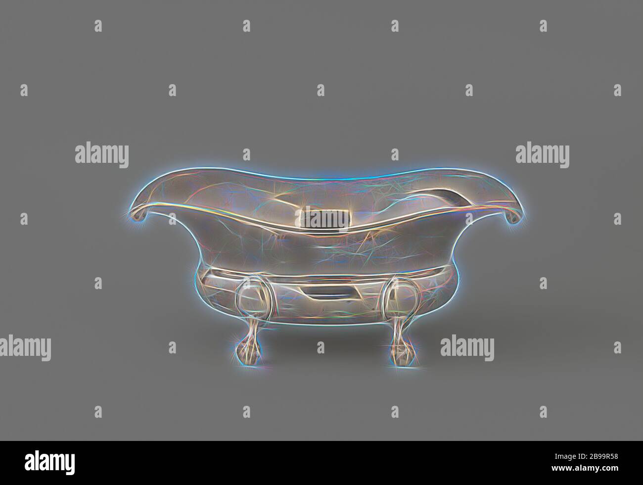 Soßenschale, oval, auf vier Klauenfüßen ruht die ovale Schale auf vier Beinen in Form einer Vogelkralle auf einer Kugel, von denen jedes an einem konvexen Bauch mit einem ovalen, von einem Profil umgeben befestigt ist. Der gebogene, sich verbreiternde obere Teil steigt über den Bauch, der sich zuerst seitlich nach oben erhebt und sich dann nach unten beugt. Eine Profilkante verläuft oben an der Schüssel entlang, Die an den Seiten in Schlaufenform Verdickungen auf beiden Seiten einer Lippe endet., Anton Hinrich Pape, Amsterdam, 1789, Silber (Metall), Gründung, H 8.9 cm × B 21.2 cm × T 11.6 cm × B 412.0 gr, neu gestaltet von Gibon, Design von warmen che Stockfoto