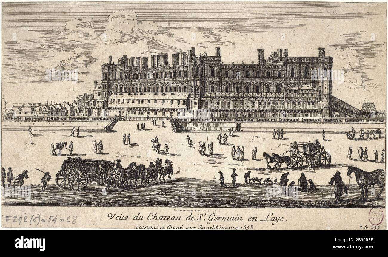 BLICK AUF DAS SCHLOSS VON SAINT-GERMAIN-EN-LAYE Israël Silvestre (1621-1691) und Jean Lepautre (1618-1682). "Vue du château de Saint-Germain-en-Laye". Eau-forte, 1658. Paris, musée Carnavalet. Stockfoto