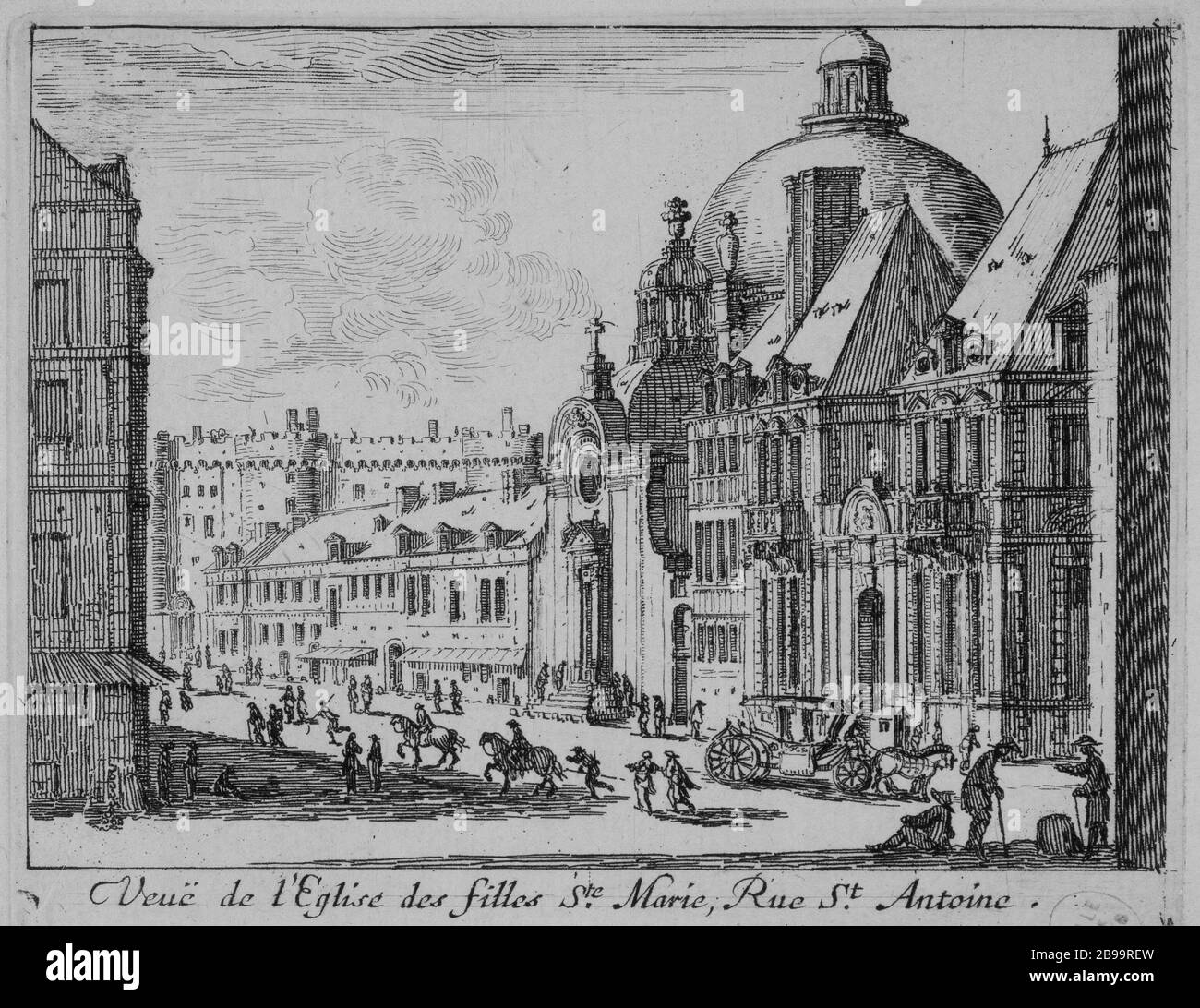BLICK AUF DIE KIRCHE DER MÄDCHEN Sainte-MARIE, SAINT-ANTOINE Israël Silvestre (1621-1691), Israël Heniet (1590-1661). "Vue de l'église des Filles Sainte-Marie, rue Saint-Antoine". Eau-forte, 1650-1660. Paris, musée Carnavalet. Stockfoto