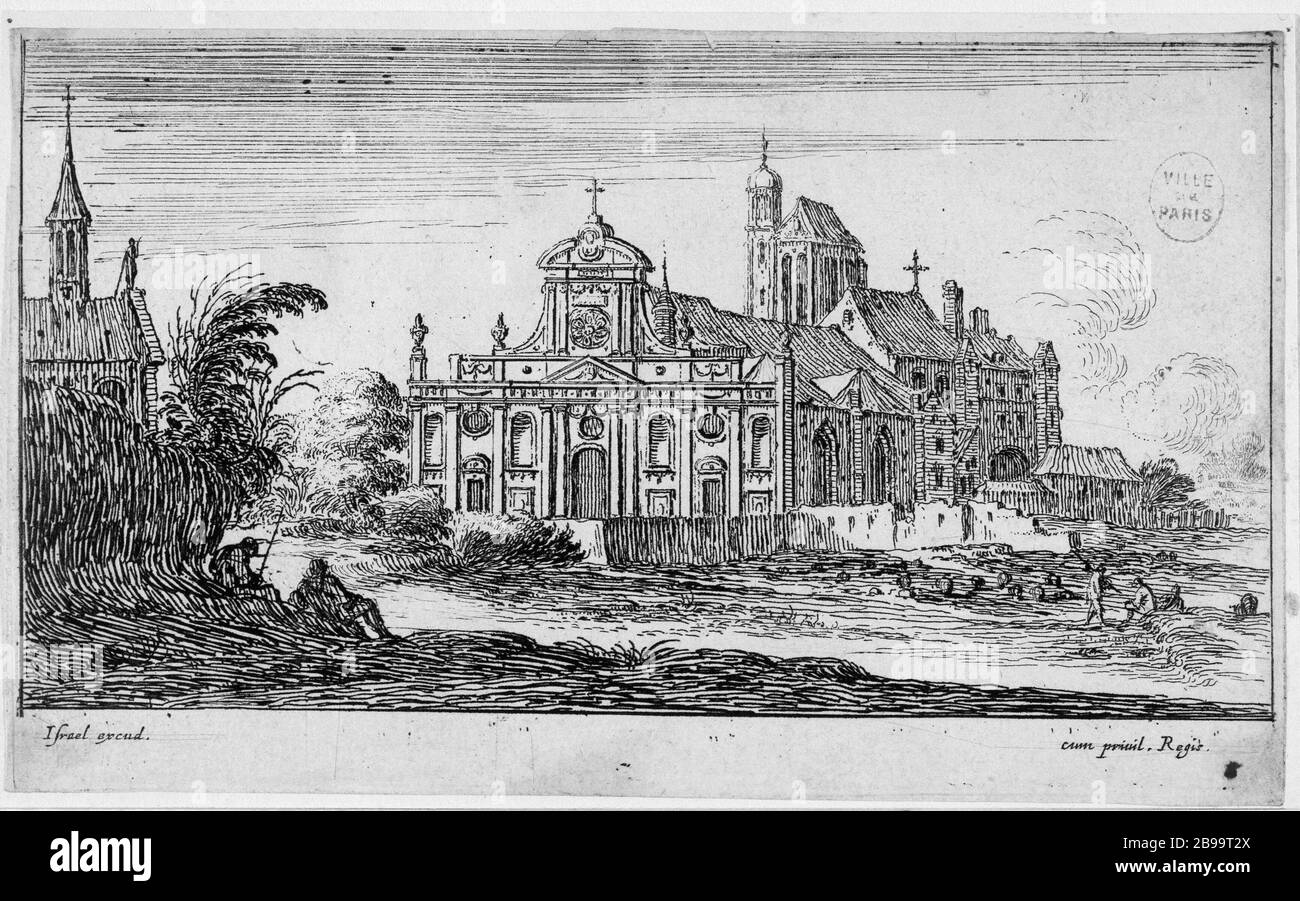 ZUR KIRCHE DES HEILIGEN LAURENTIUSVORORTS VON PARIS Israël Silvestre (1621-1691) und Israël Heniet (1590-1661). "Vue de l'église Saint-Laurent au faubourg de Paris". Eau-forte, 1650-1660. Paris, musée Carnavalet. Stockfoto