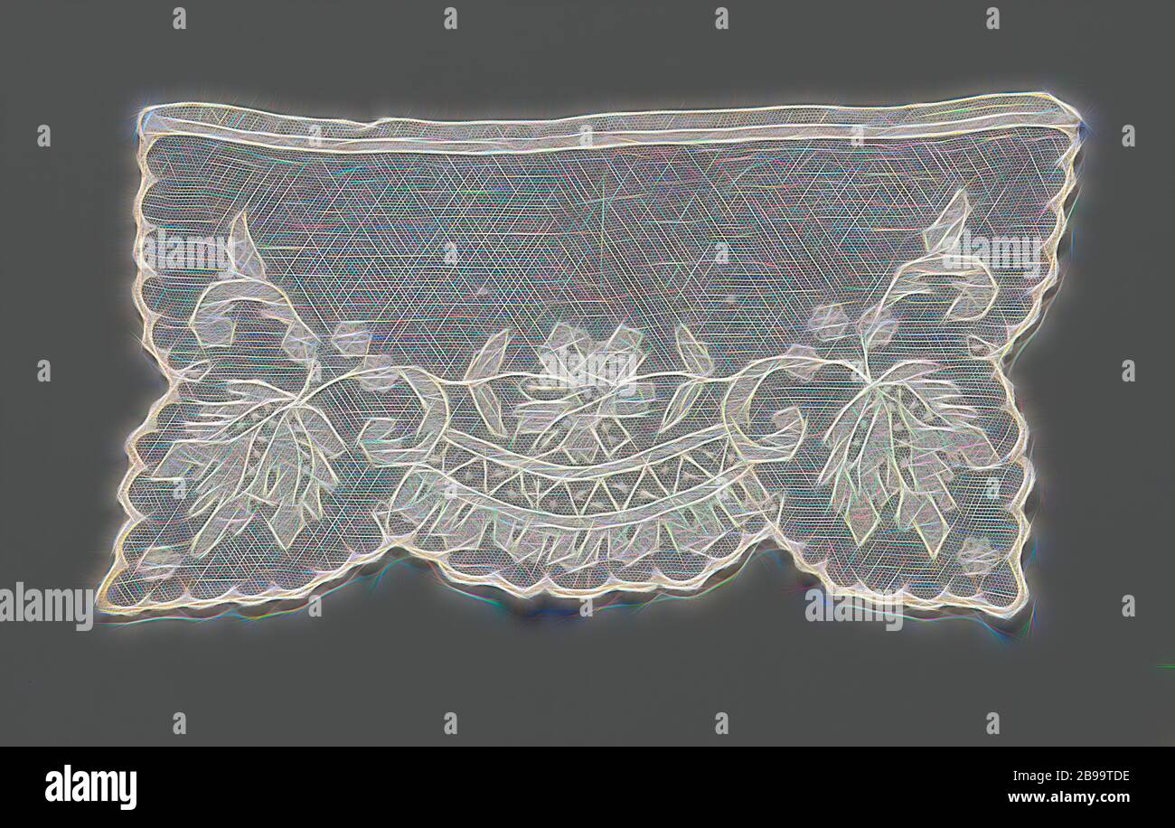 Spitze stickerei Manschette mit einem symmetrischen Muster eines stieg über ein dekoratives Band mit einem Zick-zack und godrons, Spitze stickerei Manschette: Maschine Tüll mit Stopper. Rechteckige Modell mit shell Kanten. Die Quit-symmetrische Muster besteht aus einem stieg über ein dekoratives Band mit einem Zick-zack und godrons. Auf beiden Seiten der Rose sind zwei schräg Spiralgehäuse Blätter, zwischen denen sich drei kleine Rosette Blumen und darunter eine große eingeschnittenen Blatt und zeigt mit der Punkt in die Ecke, wo es noch eine Rosette Blume. Die Manschette ist mit einem Saum abgeschlossen. Die anderen Seiten sind gelappt shell Kanten, die ein Stockfoto