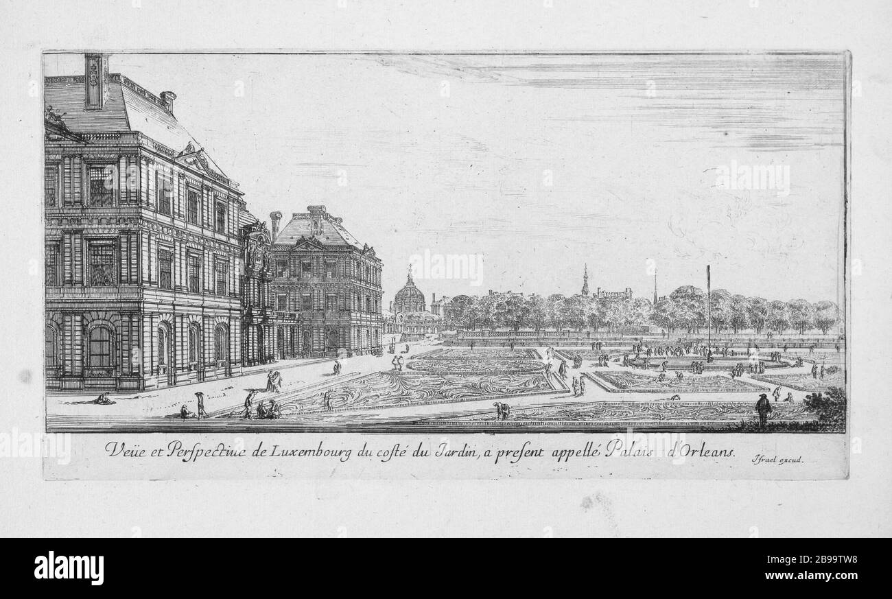 BLICK UND PERSPEKTIVE AUF LUXEMBURG, DIE KÜSTE, DAS HEISST GARTENPALAIS ORLEANS Israël Silvestre (1621-1691), Israël Heniet et Stefano della Bella. "Vue et perspective de Luxembourg du côté du jardin à présent appelé Palais d'Orléans". Eau-forte, 1649. Paris, musée Carnavalet. Stockfoto