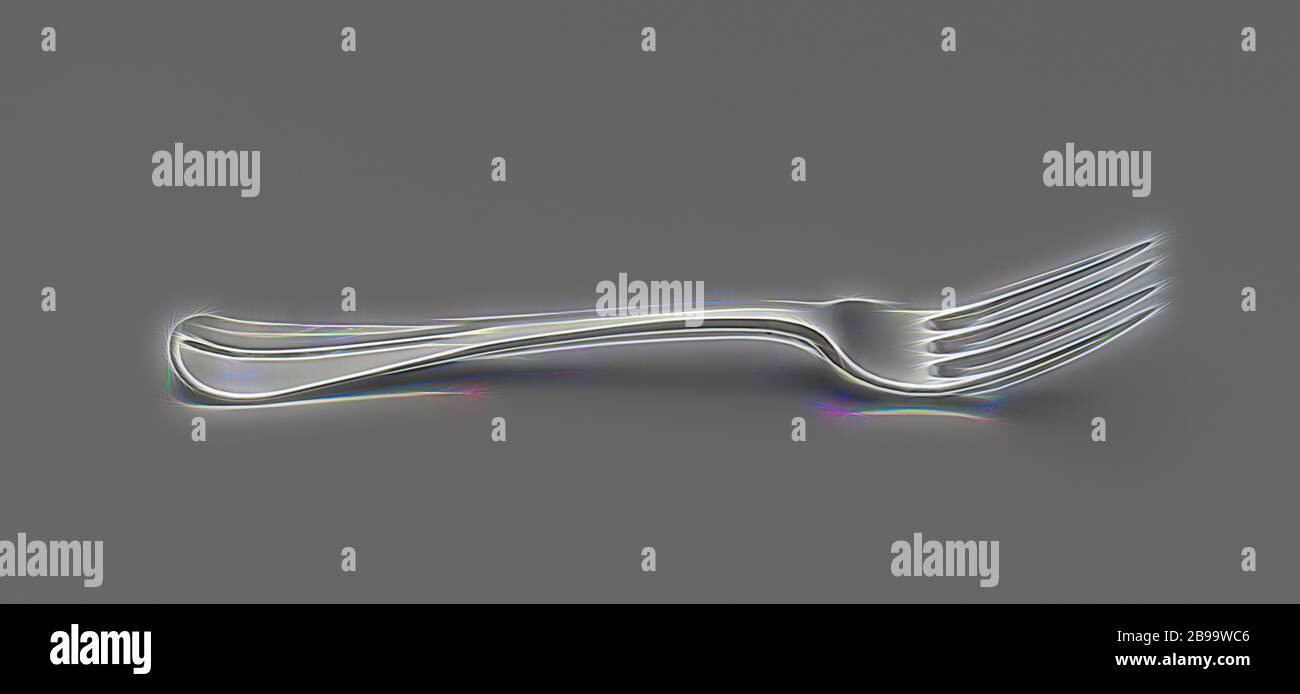 Gabel aus Silber, mit 4 Zähnen. Der flache, geschwungene Griff reicht bis zum runden Ende., Rudolphus Sondagh, Rotterdam, 1789, Silber (Metall), L 19.8 cm × B 2.3 cm × T 2.5 cm × B 72.0 gr, neu gestaltet von Gibon, Design von warmen fröhlichen Leuchten von Helligkeit und Lichtstrahlen Ausstrahlung. Klassische Kunst neu erfunden mit einem modernen Twist. Fotografie inspiriert von Futurismus, umarmt dynamische Energie der modernen Technologie, Bewegung, Geschwindigkeit und Kultur revolutionieren. Stockfoto