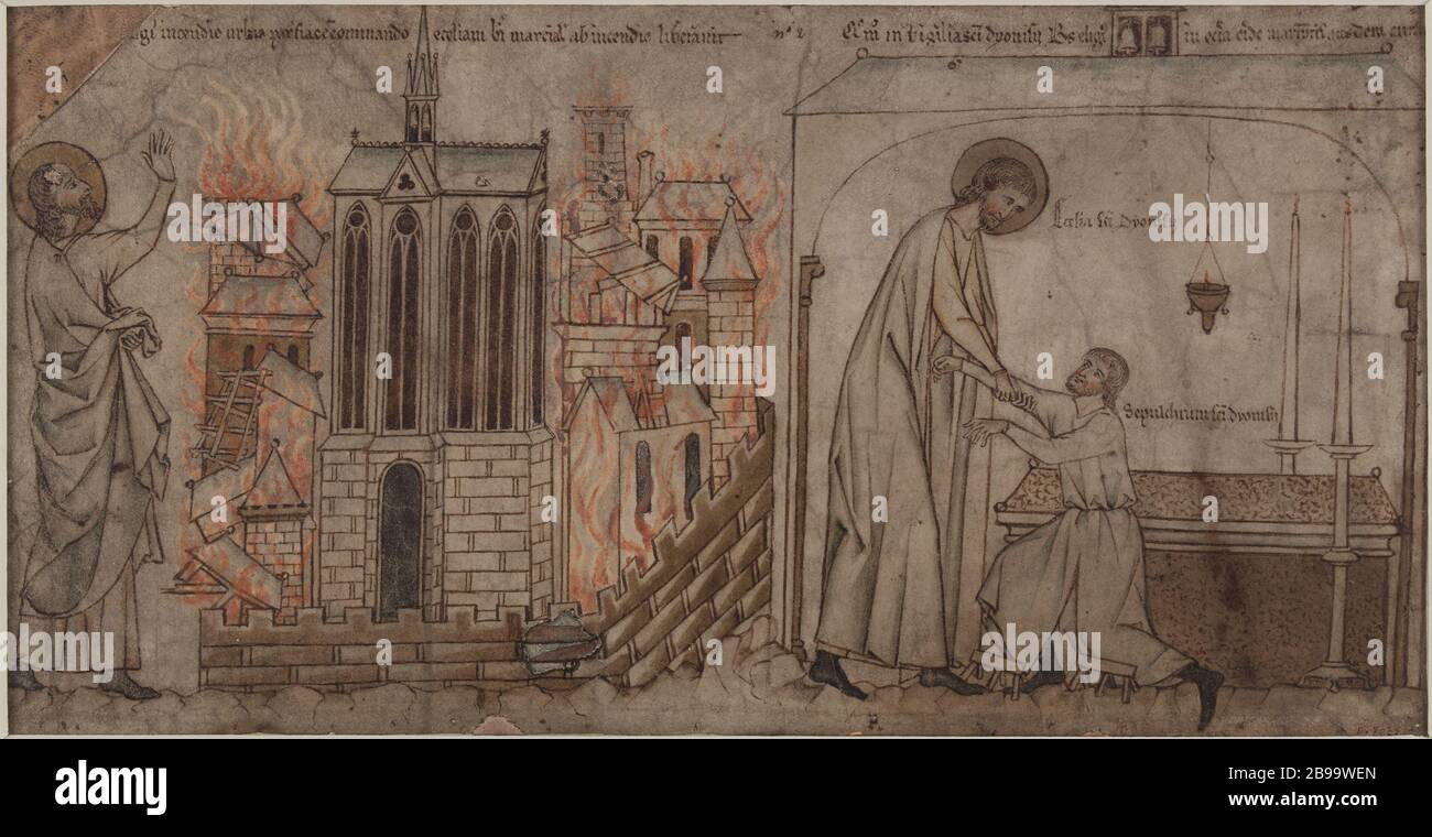 Walze St. Eloi (Fragment) Rouleau de Saint Eloi (Fragment). Miracle de Saint Eloi sur le tombeau de Saint Denis : guérison d'un paralytique dans l'abbatiale de Saint-Denis, fondée vers 475. Vers 1240. Paris, musée Carnavalet. Stockfoto