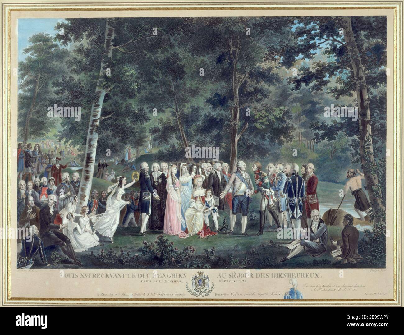 LUDWIG XVI. UND DIE KÖNIGLICHE FAMILIE, DIE DEN HERZOG VON ENGHIEN 'Louis XVI. Et la famille royale recevant le duc d'Enghien au séjour des bienheureux' empfangen. Tiefdruck von Jean-Pierre-Marie Jazet. Paris, musée Carnavalet. Stockfoto