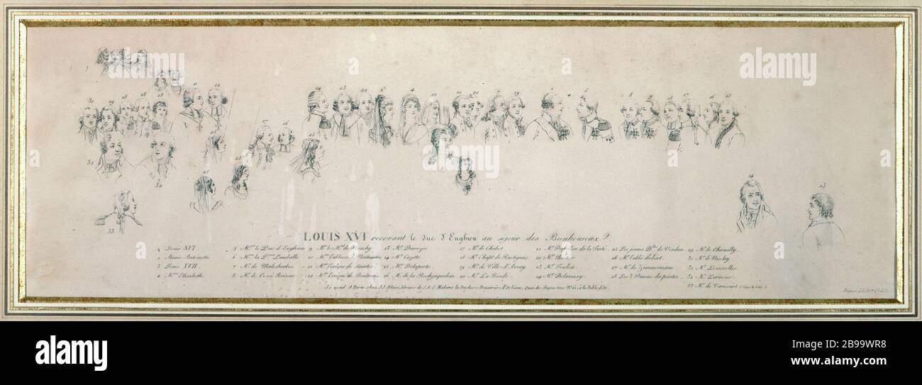 LOUIS XVI. UND DIE KÖNIGLICHE FAMILIE EMPFANGEN DEN HERZOG VON ENGHIEN Louis XVI. Et la famille Royale recevant le duc d'Enghien. Tiefdruck von Jean-Pierre-Marie Jazet. Paris, musée Carnavalet. Stockfoto