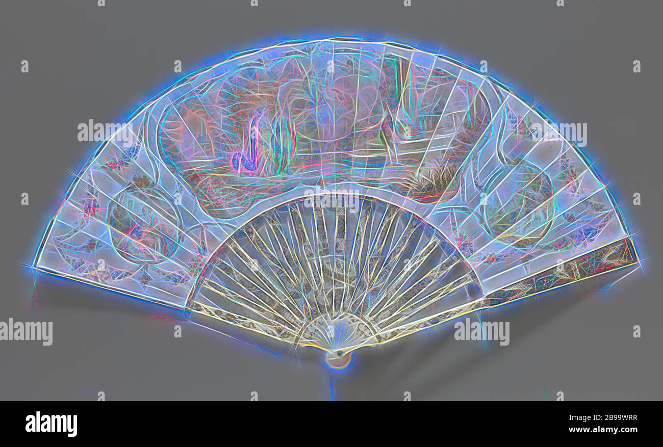 Folding Fan mit einem Blatt Papier mit einer Hochzeit Szene in Aquarell, in das Medaillon auf der rechten Seite zwei Putti mit brennenden Fackeln und in der linken Medaillon ein klassisch gekleidete Frau mit Liebe oder Hochzeit Kränze. Fein geschnitzten Rahmen mit Liebe Symbolik eingerichtet. Rechte äußere Bein: Altar mit zwei Tauben, die brennende Fackel, das Tier, das Personal, die Trophäe mit Laute, Trophäe mit Fackel und Dudelsack. Linken Oberschenkel idem. Griff Rahmen: zwei Herzen in Medaillon, Trophäe mit Dudelsack und Köcher, Bogen mit einem Korb von Blumen und Früchten, Altar mit brennenden Herzen, in der Mitte: Altar mit dem Lügen Tier. B Stockfoto