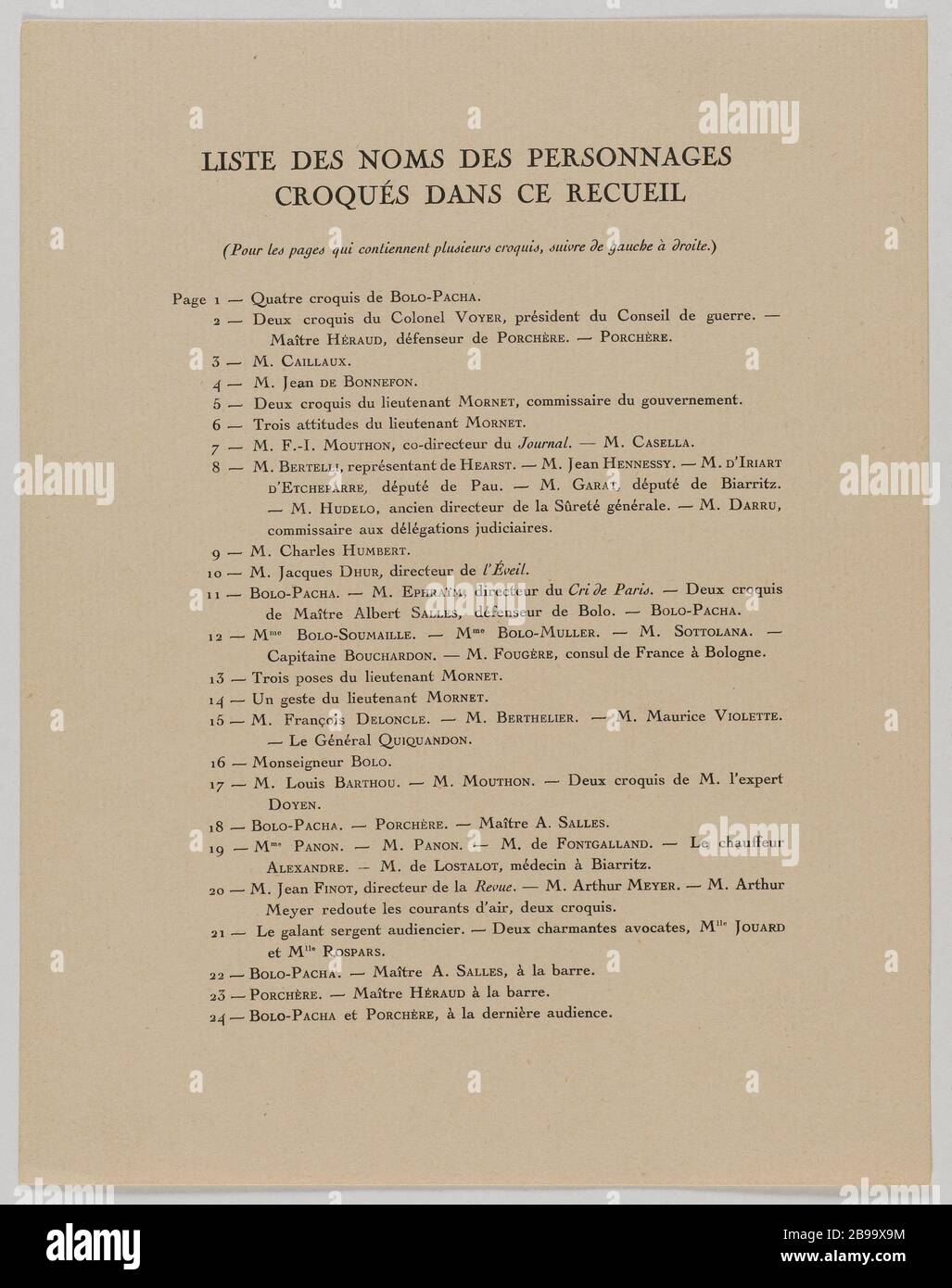 FALL BOLO-PACHA 68 SKIZZE DER ANHÖRUNG DURCH SEM (ZUSAMMENFASSUNG) LISTE DER NAMEN VON PERSONEN IN DIESER SAMMLUNG KNACKTE SEM (23-1934). "Affaire Bolo-Pacha, 68 croquis d'public par Sem (Coverture)". Imprimé, vers 1918. Paris, musée Carnavalet. Stockfoto