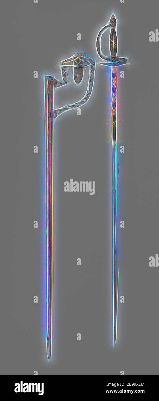 Beerdigung Teig mit Geschärften silber Griff, Beerdigung Teig mit Geschärften silber Griff mit einem Griff und Faust - Bar mit Facetten und einem dreieckigen, teils weiß und teils brüniert und vergoldete Klinge. Markierung auf dem Handgriff und an der Halterung: a. Den Kopf einer Frau mit 1 b. Ein römischer Kopf mit 5 (beide En-face) c. einen Hahn und 1 d. Unklar, darunter ein Stern, ist Mark ein unlesbares Teekocher e. an der Hülle: eine Axt in fasces Bundle (=Paris). A, B und C: Paris, 1. Ebene (1798-1809). Marke: Paris 1795 (Griff), anonyme, Paris, C. 1798 - C. 1809 und/oder 1795, silber (Metall), Vergoldung (Material), Vergoldung, l 140 cm Stockfoto