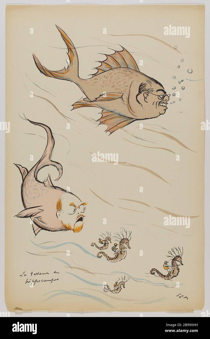 ALBUM 'THE NEW WORLD' BOARD IN BEZUG AUF LIFE PARIS (2ND-SERIE): DER TERROR VON HYPPOCAMPES (PL 2) SEM (23-1934). 'Album 'le Nouveau Monde' Planche se rapportant à la vie parisienne (2ème série) : la terreur des Hyppocampes (pl 2)'. Lithographie coloriée par Jean Saudé, 1923. Paris, musée Carnavalet. Stockfoto