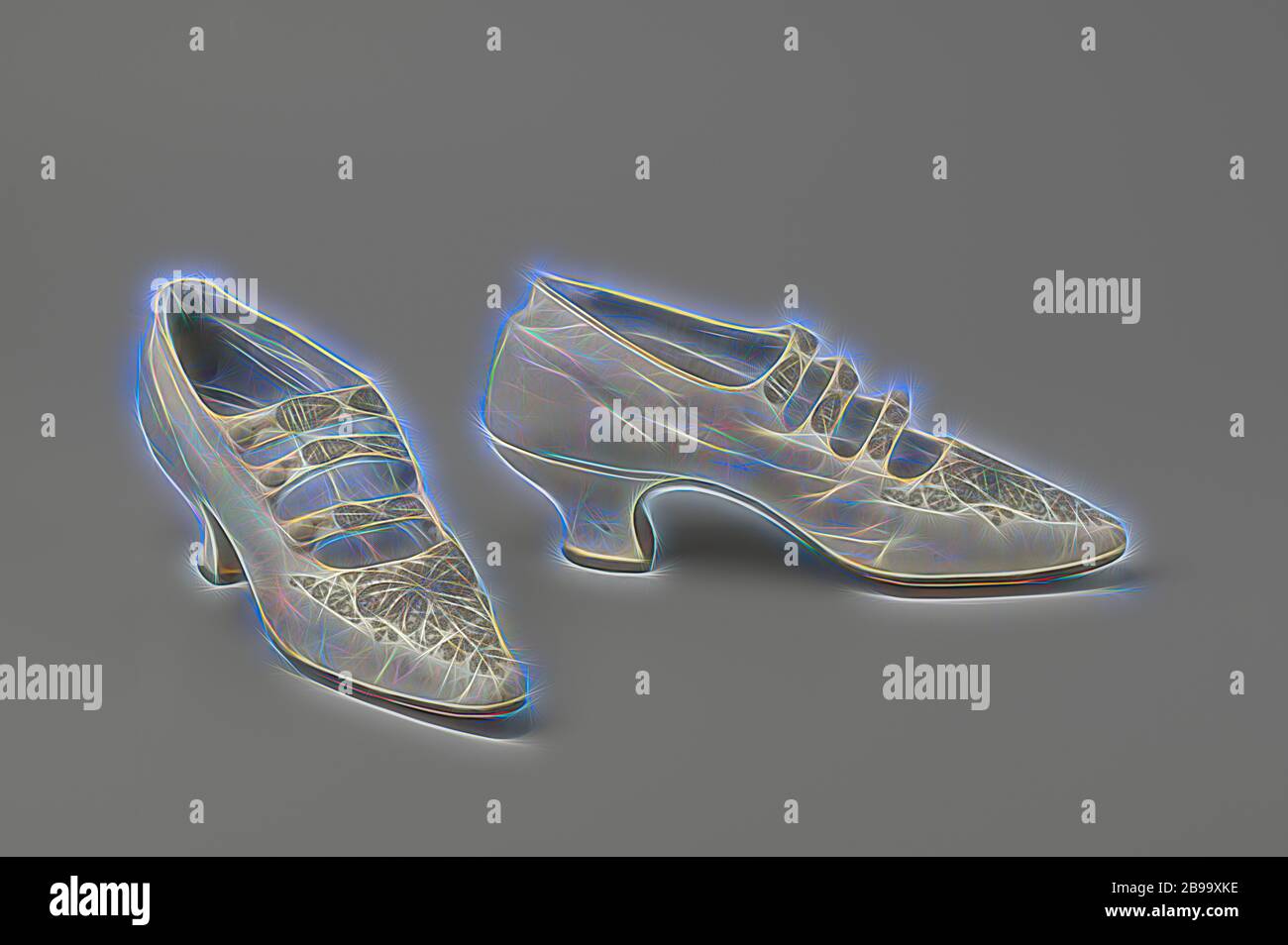 Weißes Glasleder mit drei Riemen mit einem weißen konvexen Knopf, verziert mit weißen Glasperlen und Perlen, weißes Glaslederband Schuh mit weißen Glasperlen und Perlen. Riemchen mit drei Riemen mit weißen konvexen Knöpfen. Sehr spitz zulaufende Nase, niedrige Pompadour-Fersen. Futter aus hellblauer rippender Seide., Insekten: drachenfliege, anonym, Brüssel (möglicherweise), c. 1895 - c. 1905, Seide, kralen, L 25.8 cm × B 7.9 cm × H 10.5 cm H 5 cm, neu gestaltet von Gibon, Design von warmen fröhlich glühen von Helligkeit und Lichtstrahlen Ausstrahlung. Klassische Kunst neu erfunden mit einem modernen Twist. Fotografie inspiriert von Fut Stockfoto