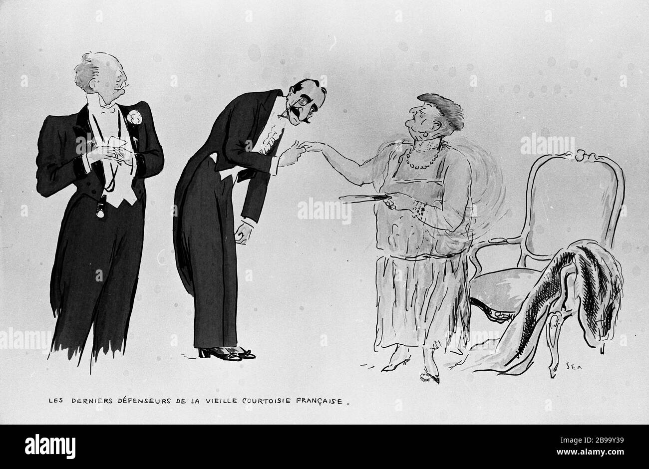 ALBUM THE NEW WORLD (3RD-SERIE): DIE LETZTEN VERTEIDIGER DER ALTENGLISCHEN HÖFLICHKEIT SEM (23-1934). "Album le Nouveau monde (3ème série) : les derniers défenseurs de la vieille courtoisie française". Lithographie coloriée, 1900-1950. Paris, musée Carnavalet. Stockfoto