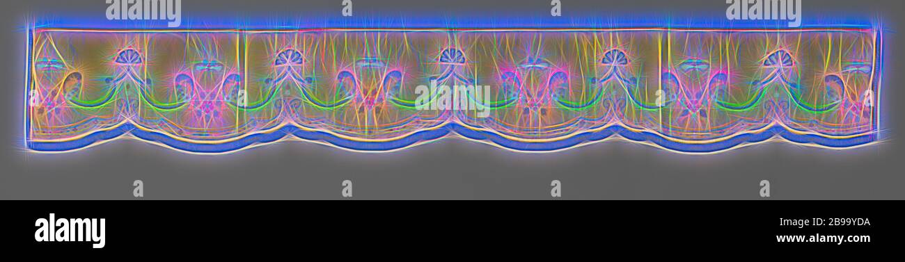 Lambrekijn, Teil eines Bettgestells, aus gelber Seide, bestickt mit Blumen und Schmetterlingen in mehrfarbiger Seide und umrandet mit blauem Bullion, Teil eines Bettgestells aus gelber Seide, bestickt mit Blumen und Schmetterlingen aus mehrfarbiger Seide, umrandet mit blauem Bullion und gefüttert mit grobem Leinen und gelber Seide. Vorgesehen für die rechte Seite des Bettes, innen., anonym, Kanton (möglicherweise), c. 1720 - c. 1740, Seide, Leinen (Material), Stickereien, H 27 cm × B 188 cm, neu gestaltet von Gibon, Design von warmen fröhlich glühenden Helligkeit und Lichtstrahlen Ausstrahlung. Klassische Kunst neu erfunden mit einem modernen Twist Stockfoto