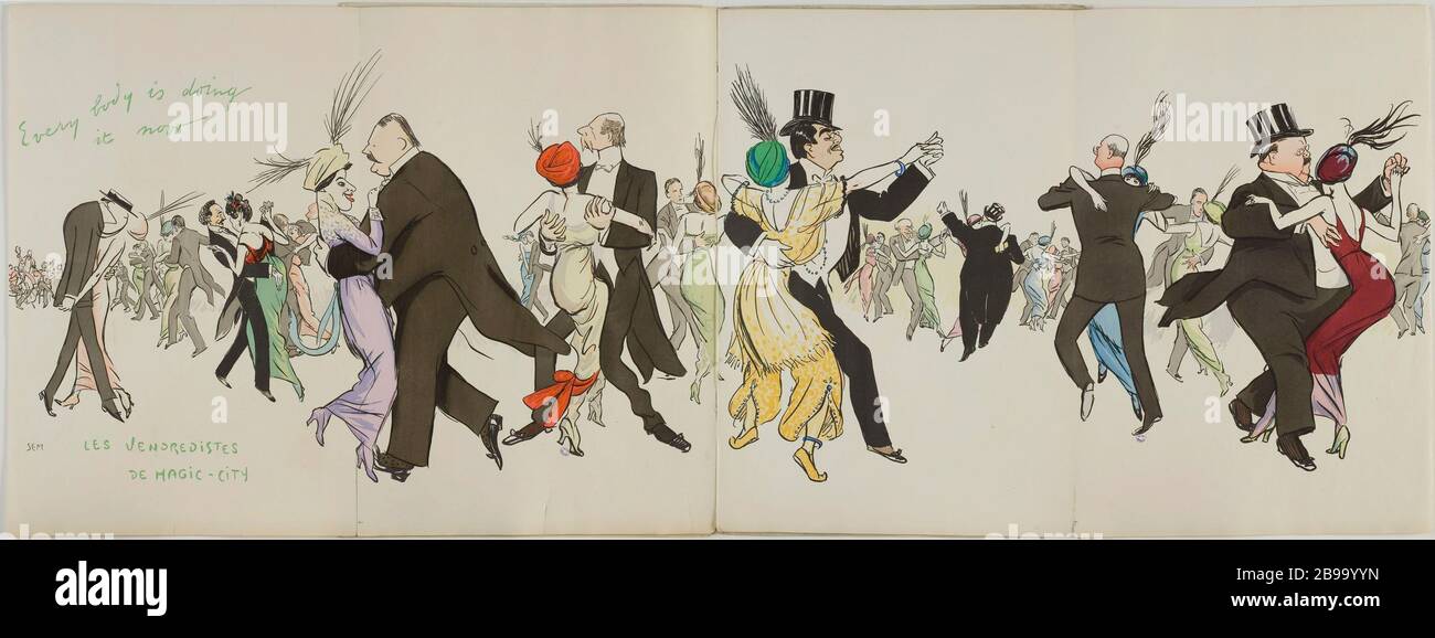 ALBUM TANGOVILLE-SUR-MER - "THE VENDREDISTES OF MAGIC CITY" UND JEDER KÖRPER TUT ES JETZT "EINE MENGE MIT TÄNZERN TILLET MR. ROBERT MONTESQUIOU, MADELEINE LEMAIRE, BARONESS HENRI DE ROTHSCHILD, ZÄHLEN DEN KERL GONIDEC. DR. Thyssen, DER AGA KHAN, Viscount de REDORTE, THE PRINCE AND ORLOFF M.MARTELL SEM Georges Goursat, dit (1865-1934)/J. Saudé. 'Album Tangoville-sur-mer - 'Les vendredistes de Magic City' et every body is doing it now'. Une foule de danseurs dont M. Tillet, Robert Montesquiou, Madeleine Lemaire, la baronne Henri de Rothschild, le comte Guy le Gonidec, le Dr. Thyssen, l'Aga Khan, le Stockfoto