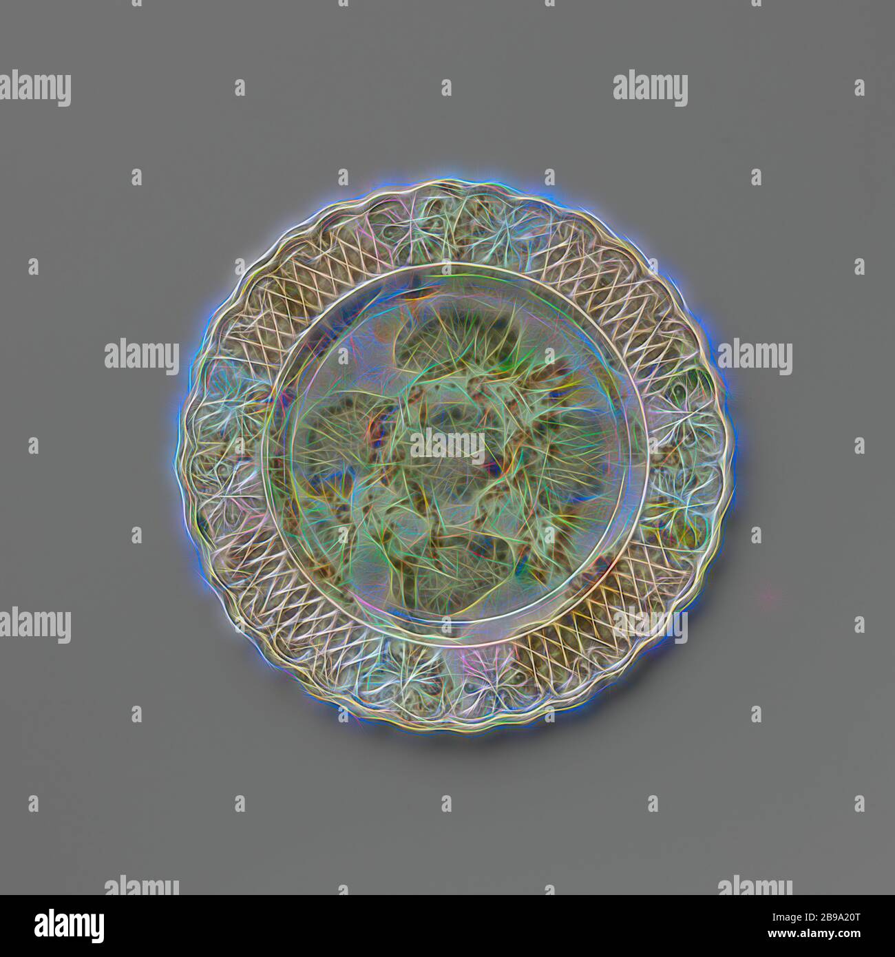 Platte aus mehrfarbigen Hartfeuern Steingut, Staffordshire, Platte aus mehrfarbigen Hartfeuern Steingut. Der Rand ist mit Verzierung geprägt, durchsetzt mit zwei symmetrischen Blumenmustern nebeneinander platziert. Der Rand ist innen mit Voluten und Blattmotiven verziert. Die Platte ist mit einer gefleckten Bleiglasur in Mangan, Grün, Grau und Gelb bedeckt. Der Rücken ist in Mangan punktiert und hat einen Fuß Rand, anonym, England, c. 1750 - c. 1780, Steingut, Bleiglasur, H 1.6 cm × d 19.3 cm, neu gestaltet von Gibon, Design von warmen fröhlich glühen der Helligkeit und li Stockfoto