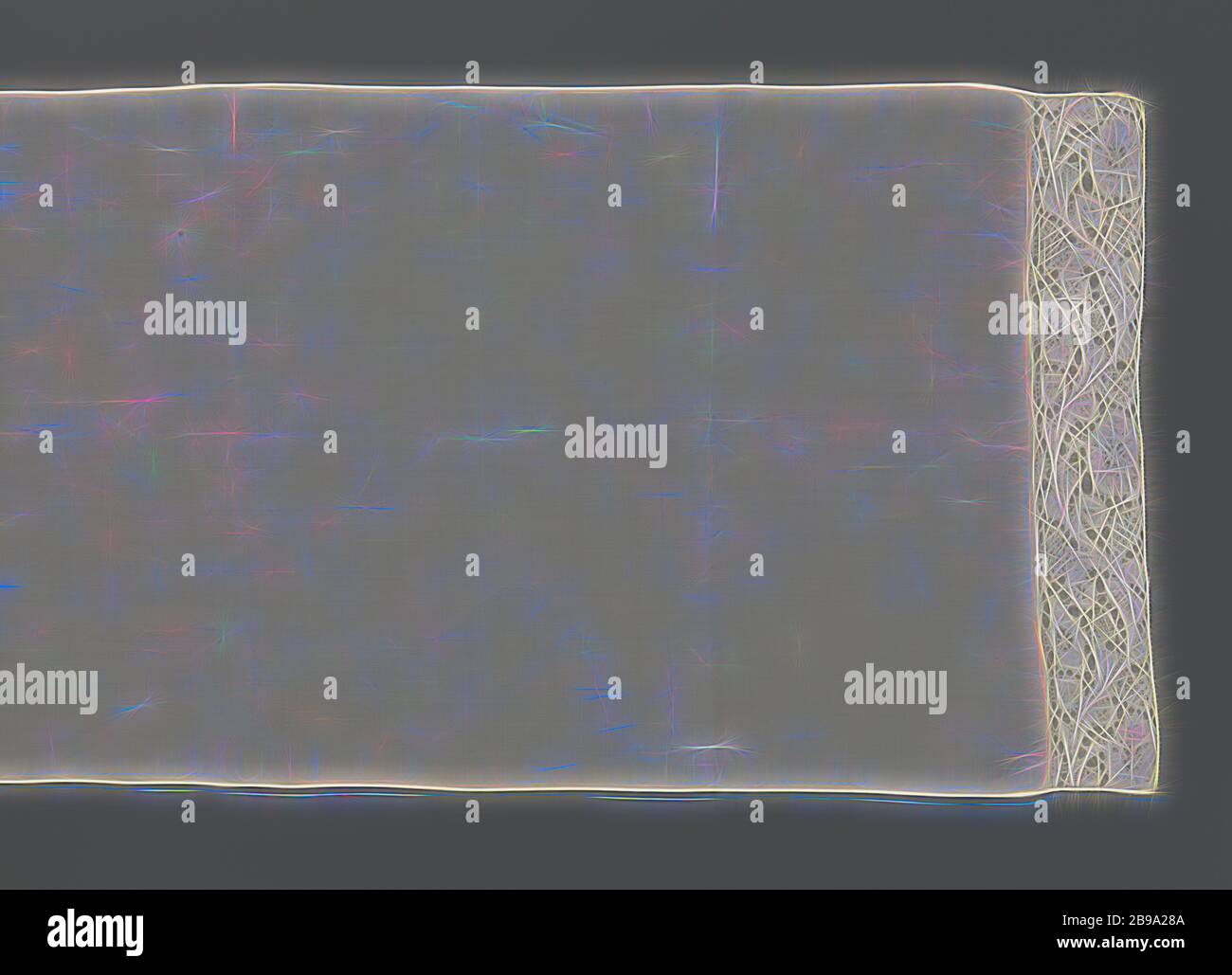 Teppich mit klöppelspitze Kanten , Antwerpen Seite. Das wiederkehrende und kontinuierliche lace Muster besteht aus einem regelmäßig undulating Blatt Ranke mit eine große Rose - Curling Rose Blume in jedem Wellental und eine kleinere Rose - Curling rose Rose unter jedem Wellenkamm. Die Blätter haben viele verschiedene Formen und Füllungen. Die Motive werden von einem Geflecht Masse angeschlossen. Und sie sind in Leinen mit durchbrochenem Rand hergestellt. Verschiedene Zierpflanzen Anlage war in den Blättern verwendet wird, einschließlich feiner und gröbere Schneeflocken. In der Blume Herz, Motive sind in Form gemacht. Der geraden Unterseite der Streifen fertig sind w Stockfoto