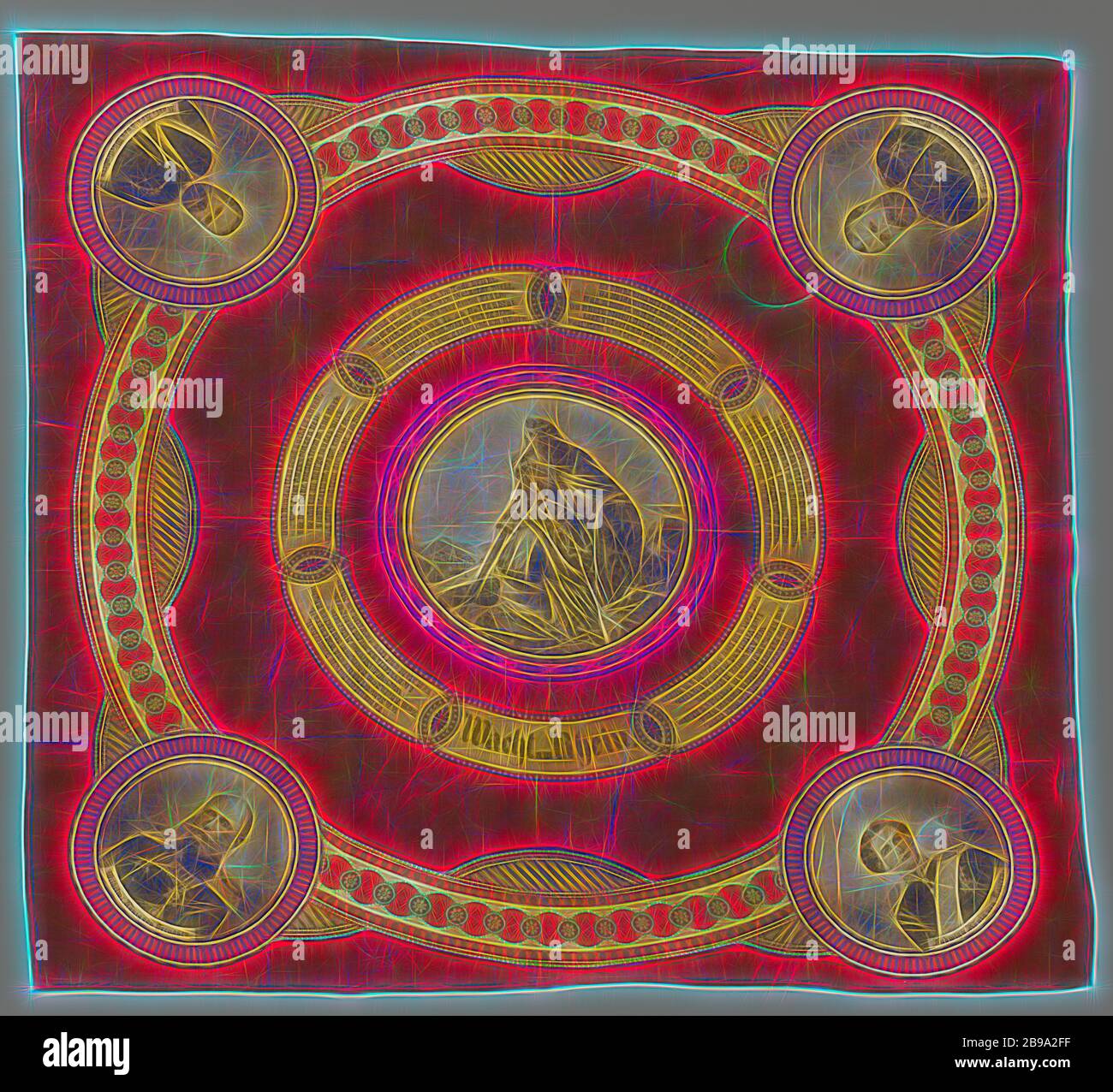 Roter Baumwolle commemorative Taschentuch mit einem Medaillon in Schwarz mit der personifikation der "Wacht am Rhein" gedruckt, der Text des Songs und in den vier Ecken des Königs Portrait, commemorative Taschentuch, roter Baumwolle, schwarz gedruckt: in der Mitte ein Medaillon mit der personifikation der "Wacht am Rhein", um die der Text des Songs mit dem gleichen Namen und in den vier Ecken die Porträts von König Wilhelm von Preußen, König Karl von Württemberg, König Ludwig II. von Bayern und Großherzog Friedrich von Baden. König von Bayern, Großherzog von Baden Frederik, Karl I (König von Wurtembe Stockfoto