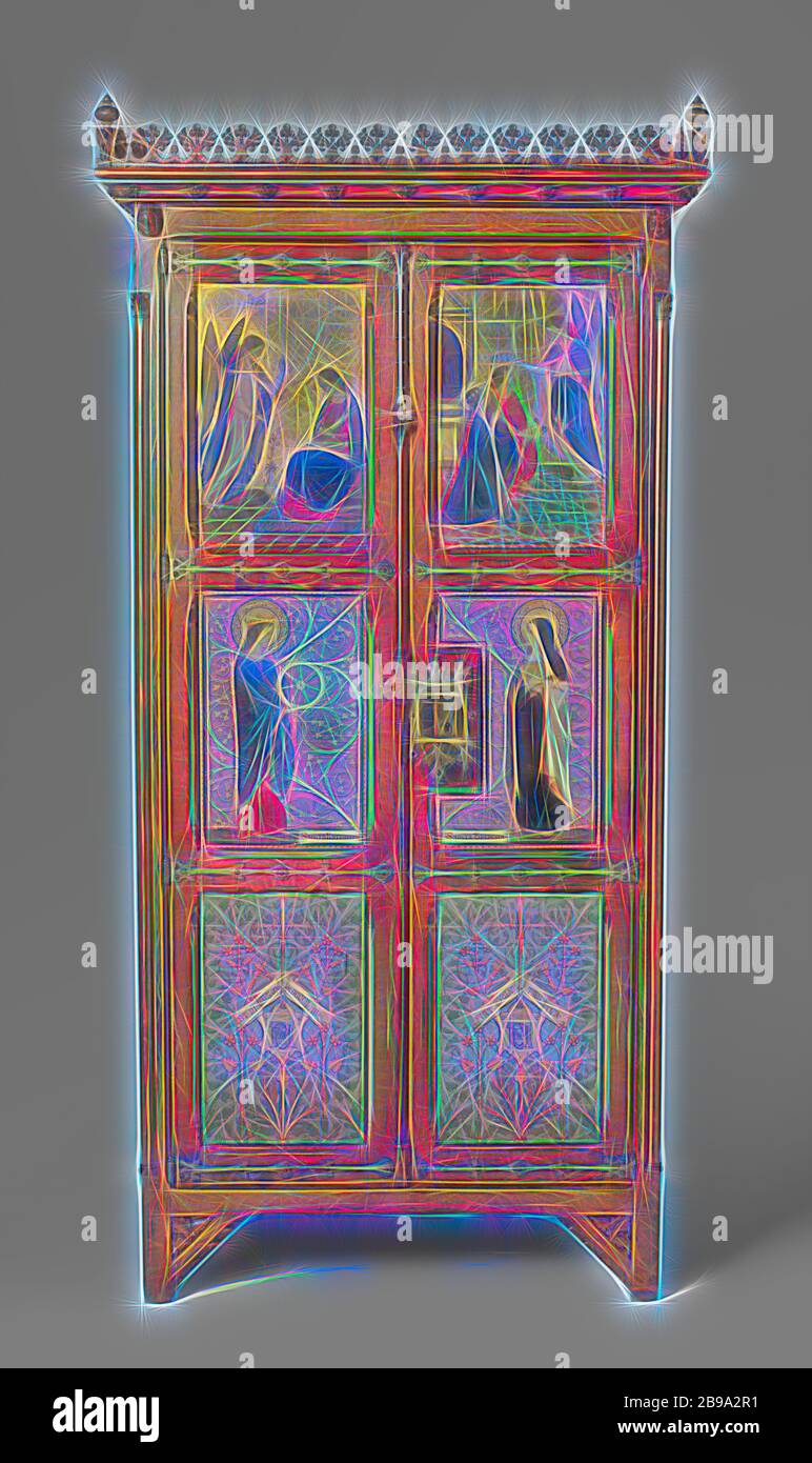 Musik und Klavier mit eine Reliquie der hl. Cäcilia Musik Kabinett und Klavier mit einer Reliquie der hl. Cäcilia Musik Kabinett von Eichen und Kiefern, teilweise in Farben und Gold und mit verzinntem Eisen Armaturen lackiert, Musik Kabinett von Eichen und Kiefern, teilweise in Farben und Gold und mit verzinntem Eisen Armaturen lackiert. Die Platten der beiden Vitrine sind mit, unter anderem, die Verkündigung, die Ehe von Cecilia und Baldrian, St. Katharina und St. Theresia. lackiert Der Fall wurde ein Engagement Geschenk P.J.H. Cuypers zu seiner zweiten Frau Antoinette Cathérine Thérèse Alberdingk Thijm, im Jahre 1858, die Verlobung oder v Stockfoto