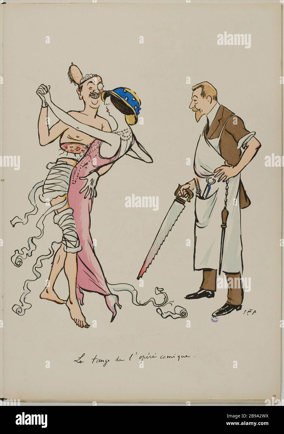 ALBUM TANGOVILLE-SUR-MER - DER TANGO DES COMICS BETREIBT EINEN MAN COVERED BANDAGE-TANZ MIT MADAME DEAN, FRAU SURGEON; DAVON DER LOOK MIT SCHÜRZE UND WERKZEUGEN FÜR SEM SCHLACHTEN (GEORGES GOURSAT, DIT - 23-1934)/JEAN SAUDÉ. 'Album Tangoville-sur-mer - le Tango de l'Opéra-Comique un homme couvert de Bandage danse avec madame Doyen, femme du chirurgien; celui-ci les regarde avec tablier et outils de boucherie'. Lithographie en couleur. Paris, musée Carnavalet. Stockfoto