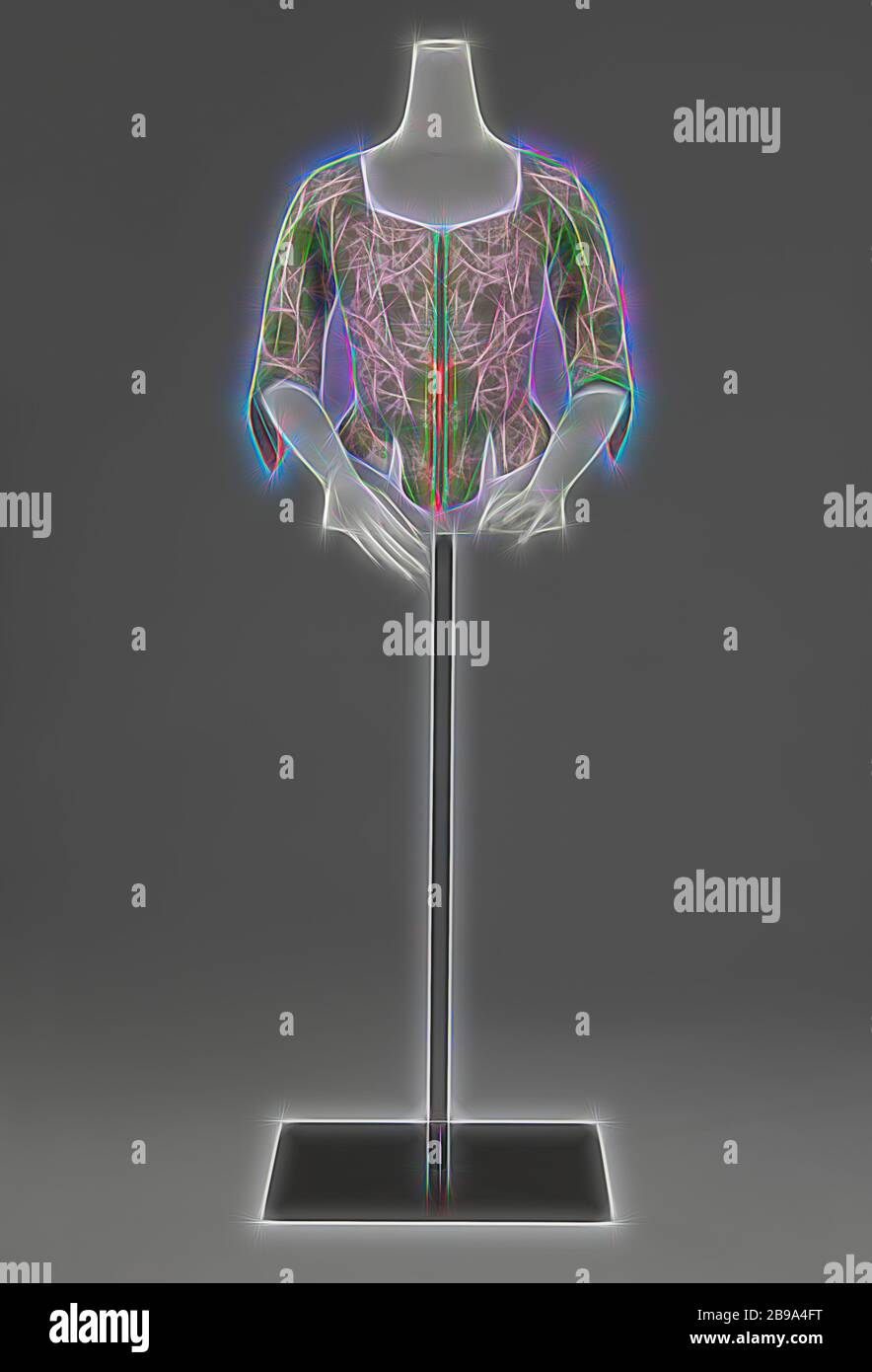 Yak oder Caraco aus Seide, mit weißen Blumen auf gras-grünen Fond, mit quadratischem Hals, halb-langen Ärmeln mit 'manches à racquette', Frontplatten mit Rippen und busque, Leinen gefüttert, Yaks oder Caraco aus Seide, mit dem gras-grünen Fond und weißen Blumen, mit einem quadratischen Ausschnitt, Frontplatten, komplett ausgestattet mit Rippen und busque, Leinen Futter. Modell: Die Frontplatten bestehen aus zwei Teilen, ein Teil davon durch die Rückseite ohne Schulternaht geht. Die Rückseite besteht aus einem Stück Seide. Eine teilweise gefaltet Runde auf der geraden saum, der in der Mitte endet wieder in eine ovale Form gelegt. Auf beiden Fronten Stockfoto